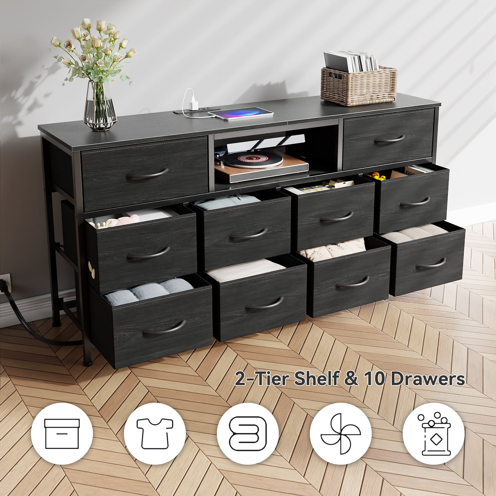 10 Drawer Dresser fits 65 inch TV Black 55 inch Media Console Table Bedroom Fabric Storage Chest Modern Utility Organization Stand Furniture Cabinet