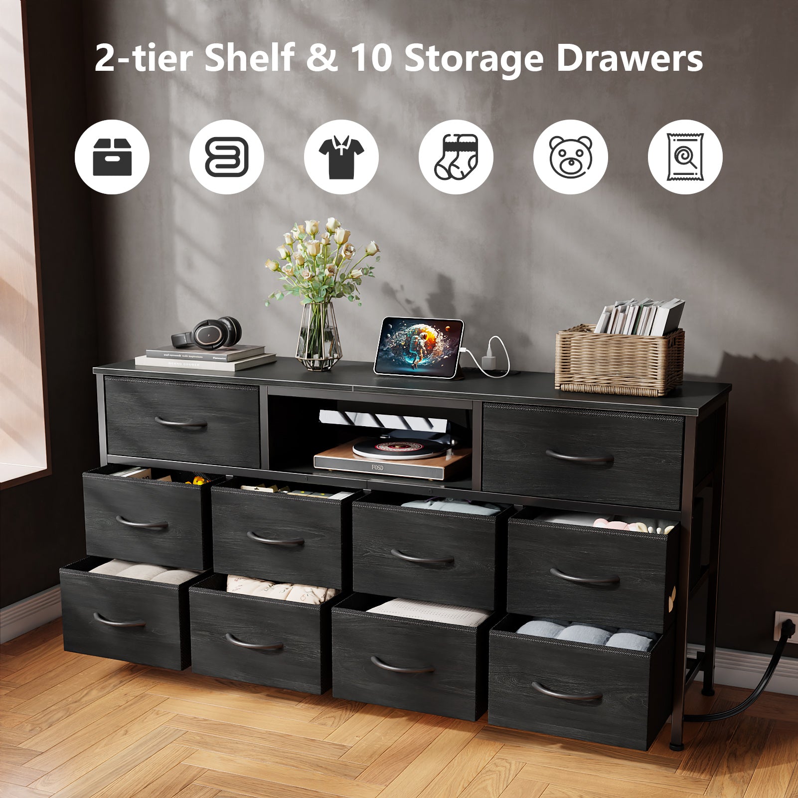Black 10 Drawer Dresser TV Stand for 65 Inch TV with Charging Station LED Lights Media Console 55 Inch Wide Bedroom Storage Chest Organizer Unit