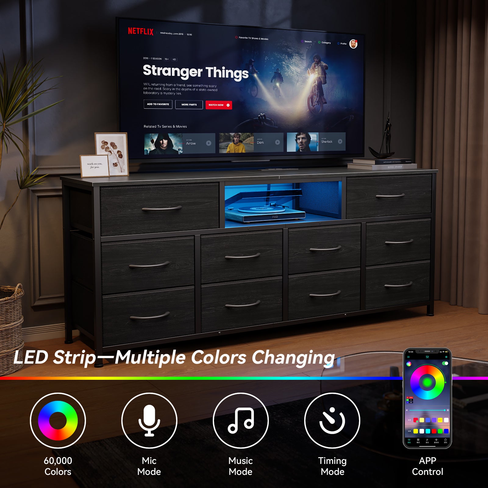 Black 10 Drawer Dresser TV Stand for 65 Inch TV with Charging Station LED Lights Media Console 55 Inch Wide Bedroom Storage Chest Organizer Unit