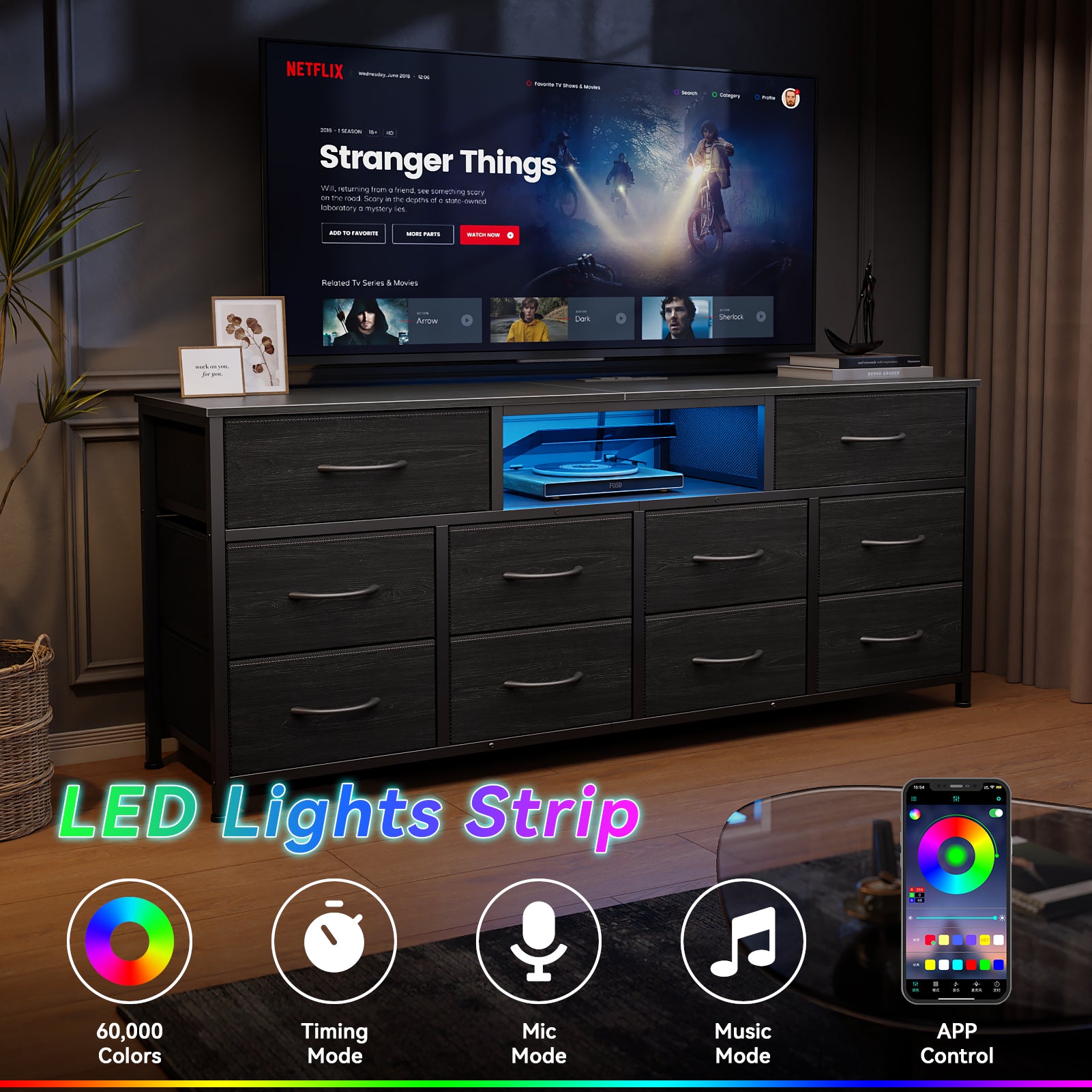 10 Drawer Dresser fits 65 inch TV Black 55 inch Media Console Table Bedroom Fabric Storage Chest Modern Utility Organization Stand Furniture Cabinet