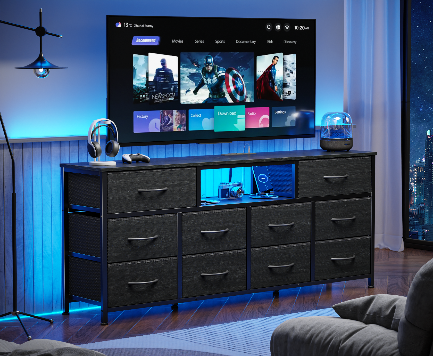 Furnulem 55” Long Dresser for Bedroom, TV Stand for 55 to 65 inch TV, Black Dresser with 10 Fabric Drawers, Chest of Drawer for Closet, Entertainment Center with Power Outlet & LED Light