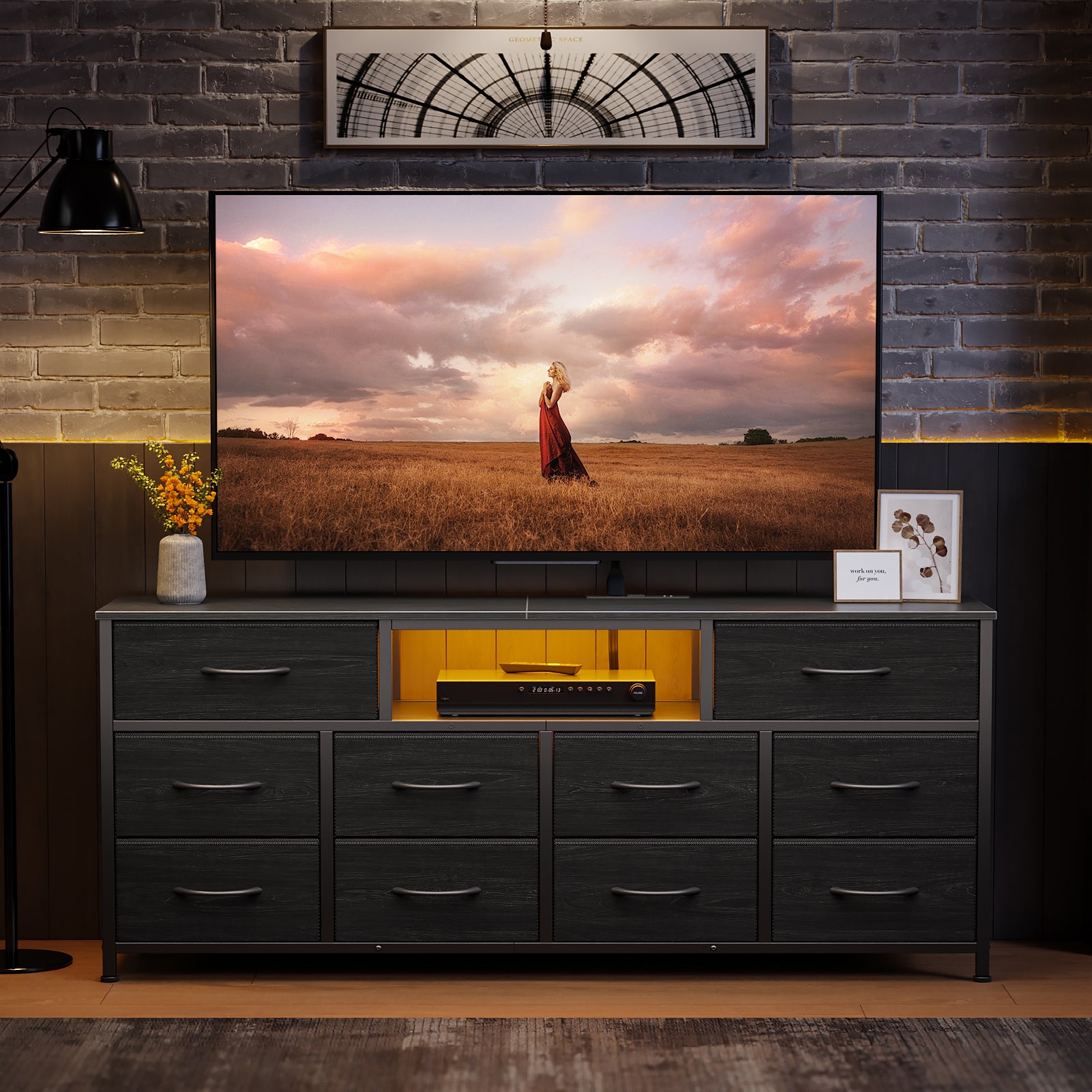 Black 55 inch TV Stand fits 65 inch TV Media Console 10 Fabric Drawer Dresser Bedroom Storage Chest Modern Utility Organization Cabinet Stand New Home