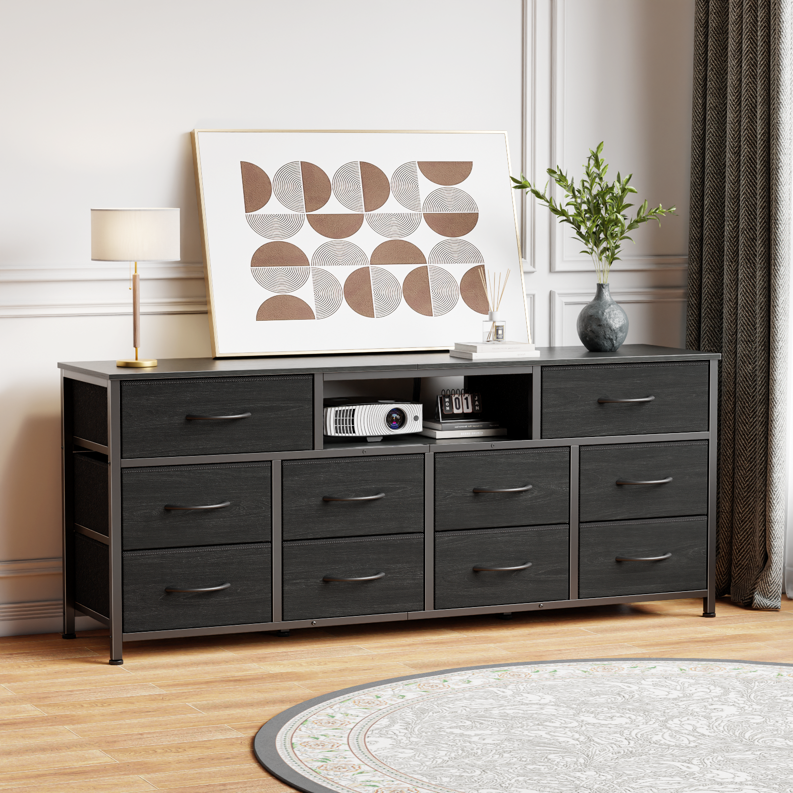 Long Dresser for Bedroom, TV Stand for 55 to 65 inch TV, White Dresser with 10 Fabric Drawers, Chest of Drawer for Closet, Entertainment Center with Power Outlet & LED Light