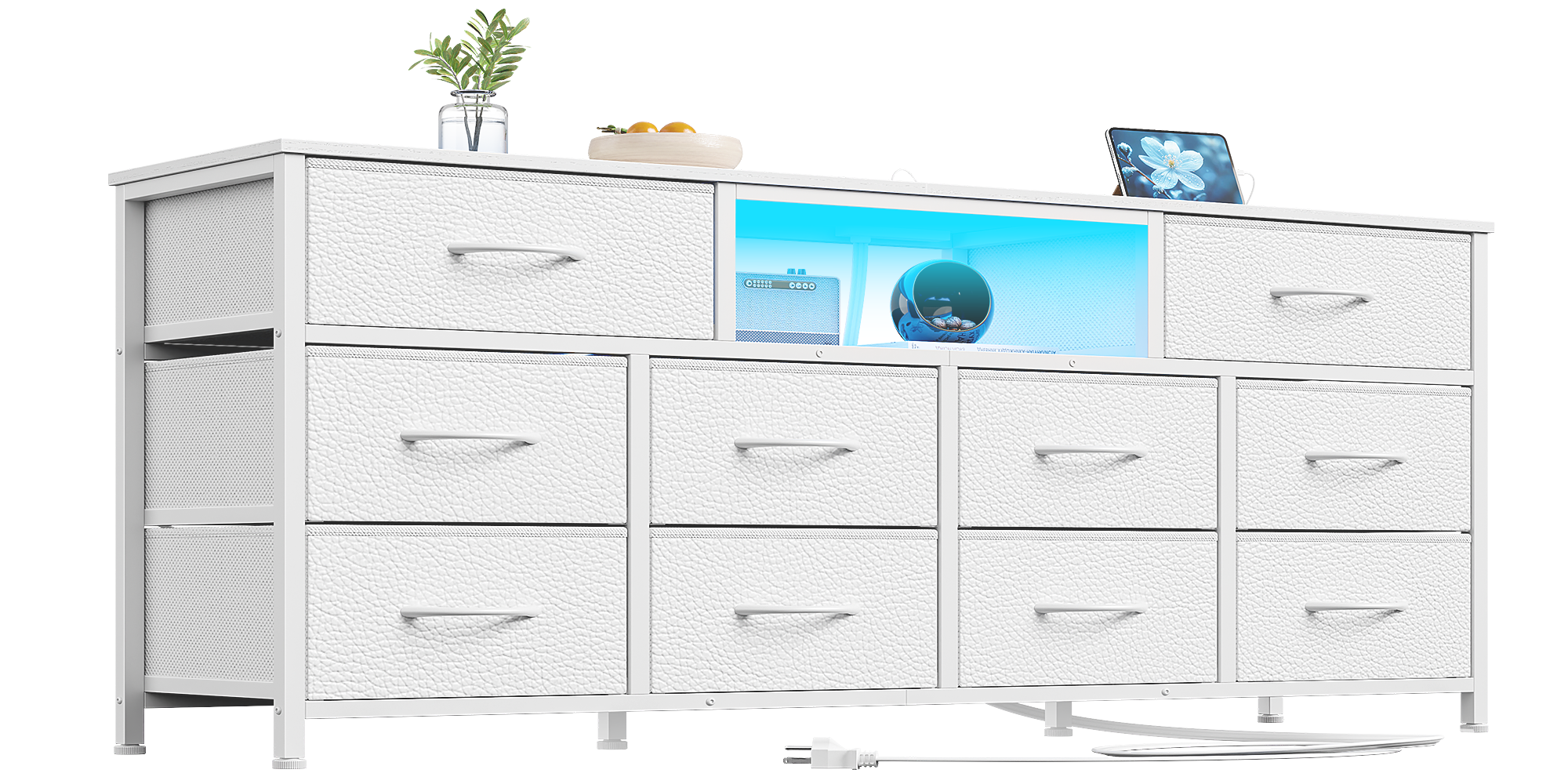 Furnulem 55” Long Dresser for Bedroom, TV Stand for 55 to 65 inch TV, White Dresser with 10 Fabric Drawers, Chest of Drawer for Closet, Entertainment Center with Power Outlet & LED Light