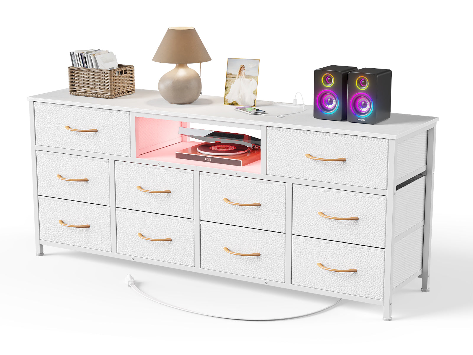 White 10 Drawer Dresser TV Stand for 65 Inch TV with Charging Station LED Lights Media Console 55 Inch Wide Bedroom Storage Chest Entertainment Unit