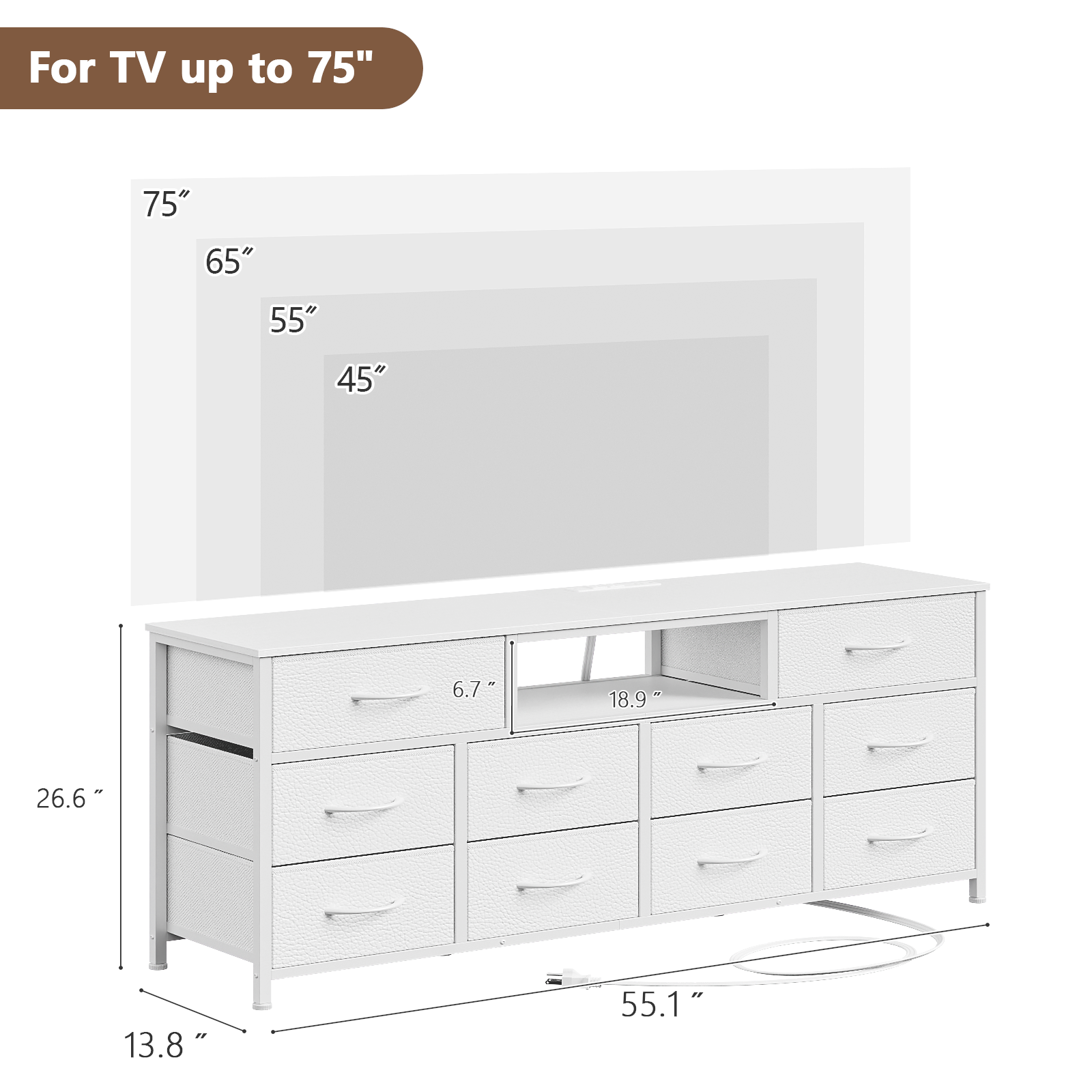 Long Dresser for Bedroom, TV Stand for 55 to 65 inch TV, White Dresser with 10 Fabric Drawers, Chest of Drawer for Closet, Entertainment Center with Power Outlet & LED Light
