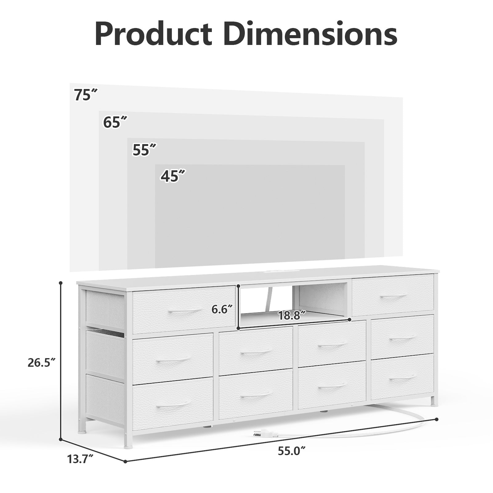 White Chest of Drawers 10 Drawer Dresser TV Stand with LED Lights Charging Station Media Console for 65 Inch TV 55 Inch Bedroom Storage Unit Organizer