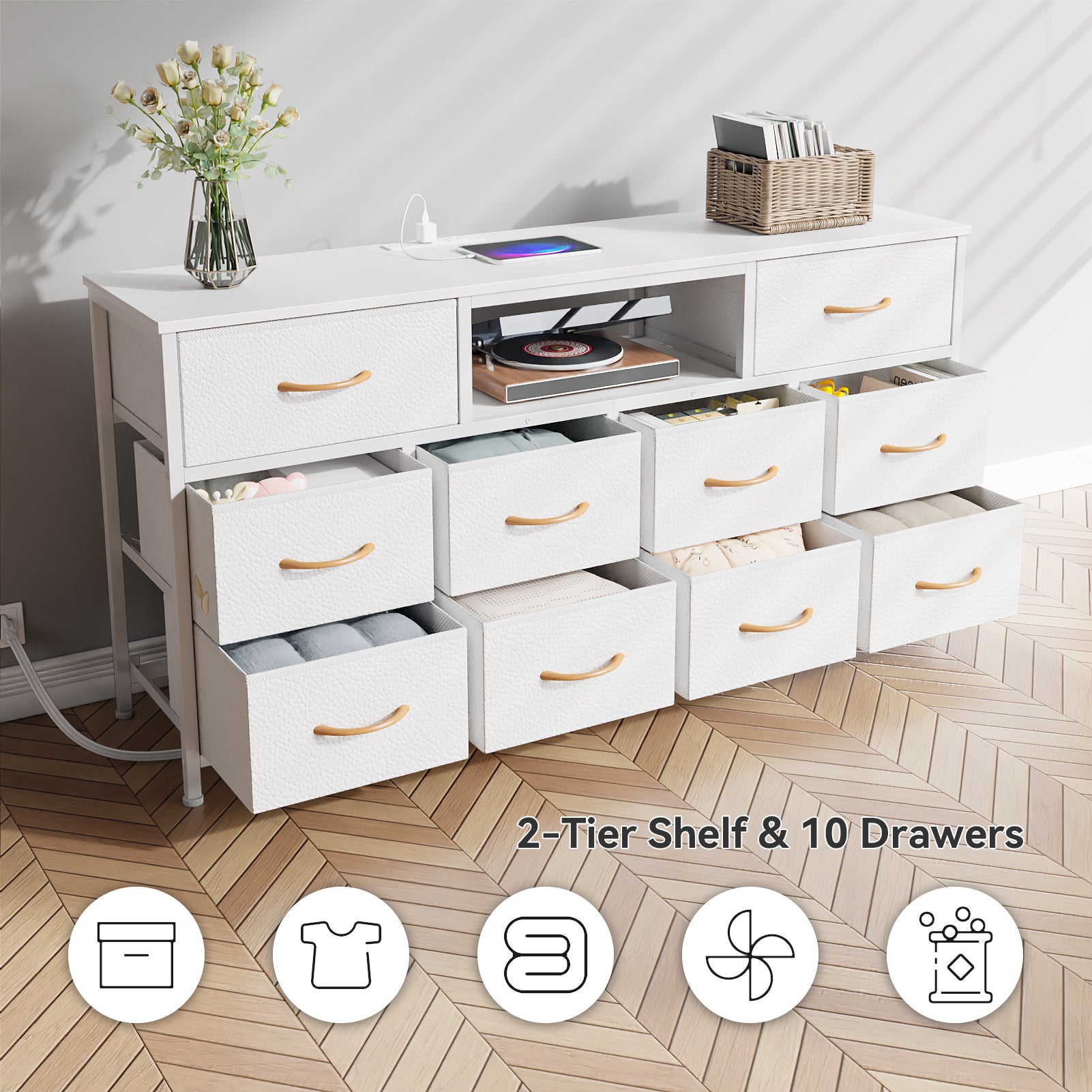 White 10 Drawer Dresser TV Stand for 65 Inch TV with Charging Station LED Lights Media Console 55 Inch Wide Bedroom Storage Chest Entertainment Unit