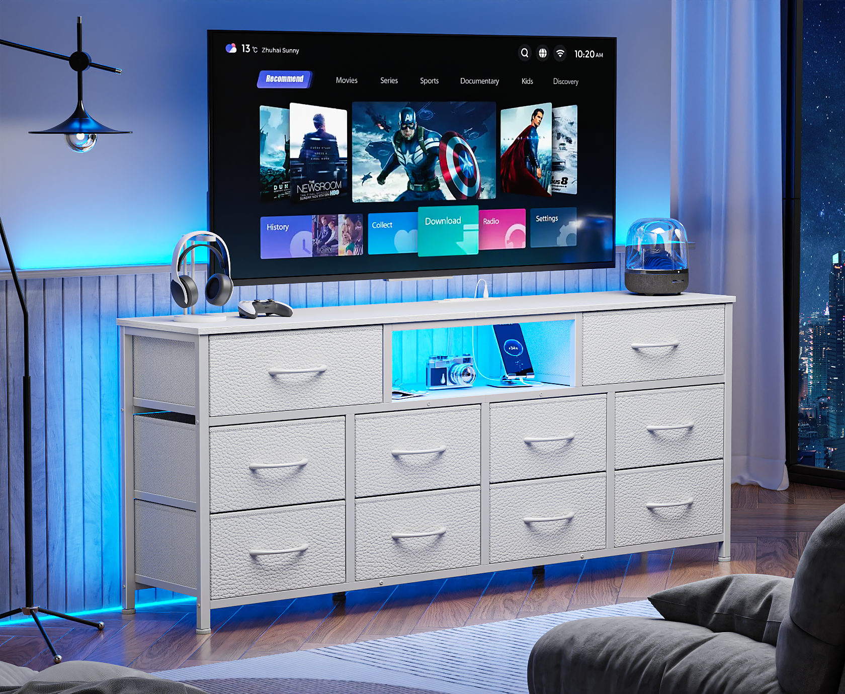 Furnulem 55” Long Dresser for Bedroom, TV Stand for 55 to 65 inch TV, White Dresser with 10 Fabric Drawers, Chest of Drawer for Closet, Entertainment Center with Power Outlet & LED Light