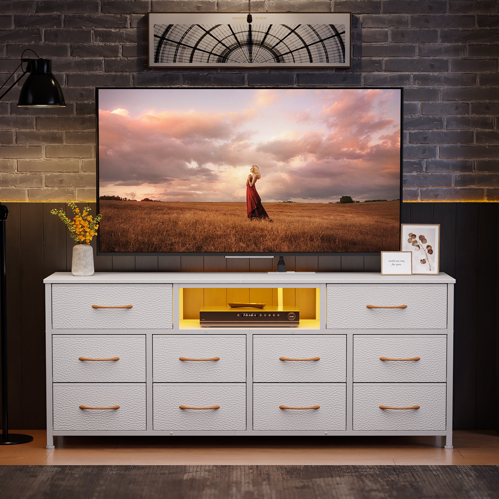 55 Inch Wide White TV Stand Dresser 10 Drawers with Power Outlets LED Lights Media Console for 65 Inch TV Bedroom Storage Chest Entertainment Center