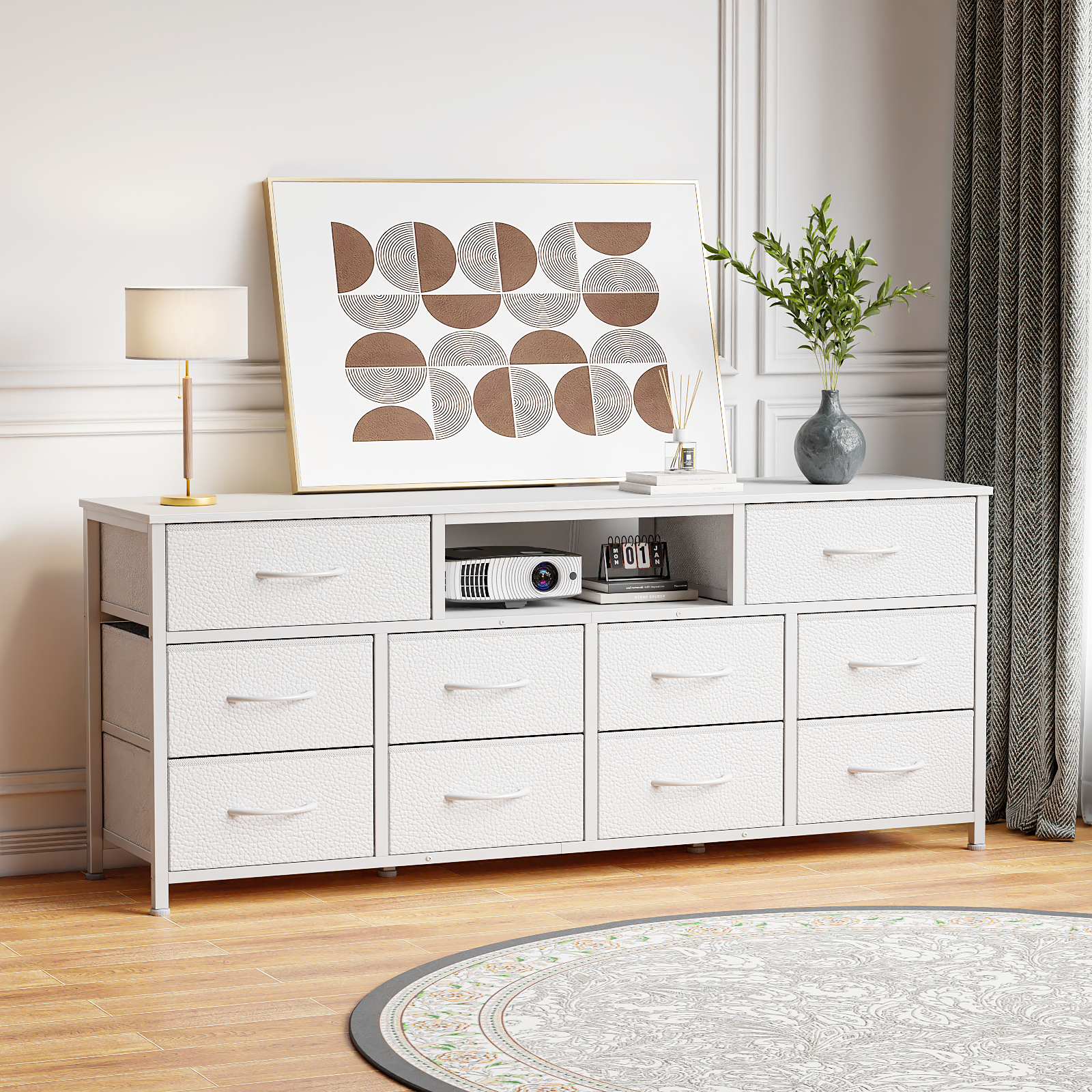 Furnulem 55” Long Dresser for Bedroom, TV Stand for 55 to 65 inch TV, White Dresser with 10 Fabric Drawers, Chest of Drawer for Closet, Entertainment Center with Power Outlet & LED Light