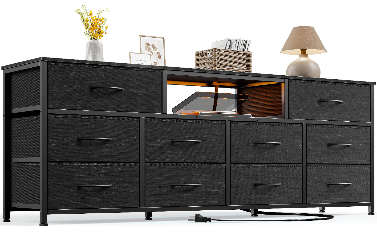 Black Chest of Drawers 10 Drawer Dresser TV Stand with LED Lights Charging Station Media Console for 75 Inch TV 63 Inch Bedroom Storage Unit Fabric