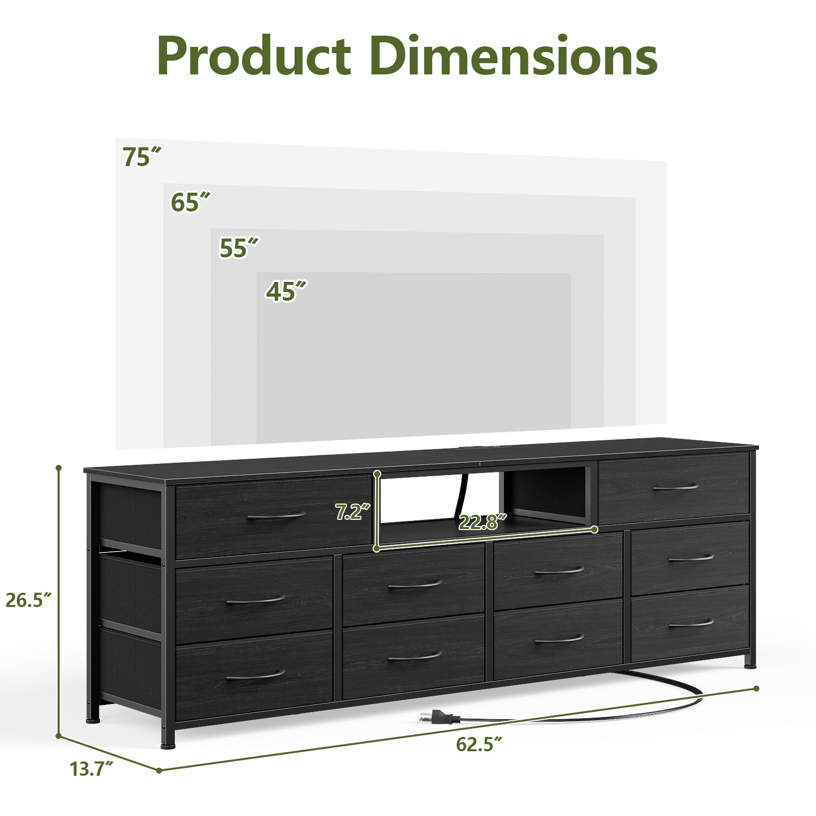 Black Chest of Drawers 10 Drawer Dresser TV Stand with LED Lights Charging Station Media Console for 75 Inch TV 63 Inch Bedroom Storage Unit Fabric