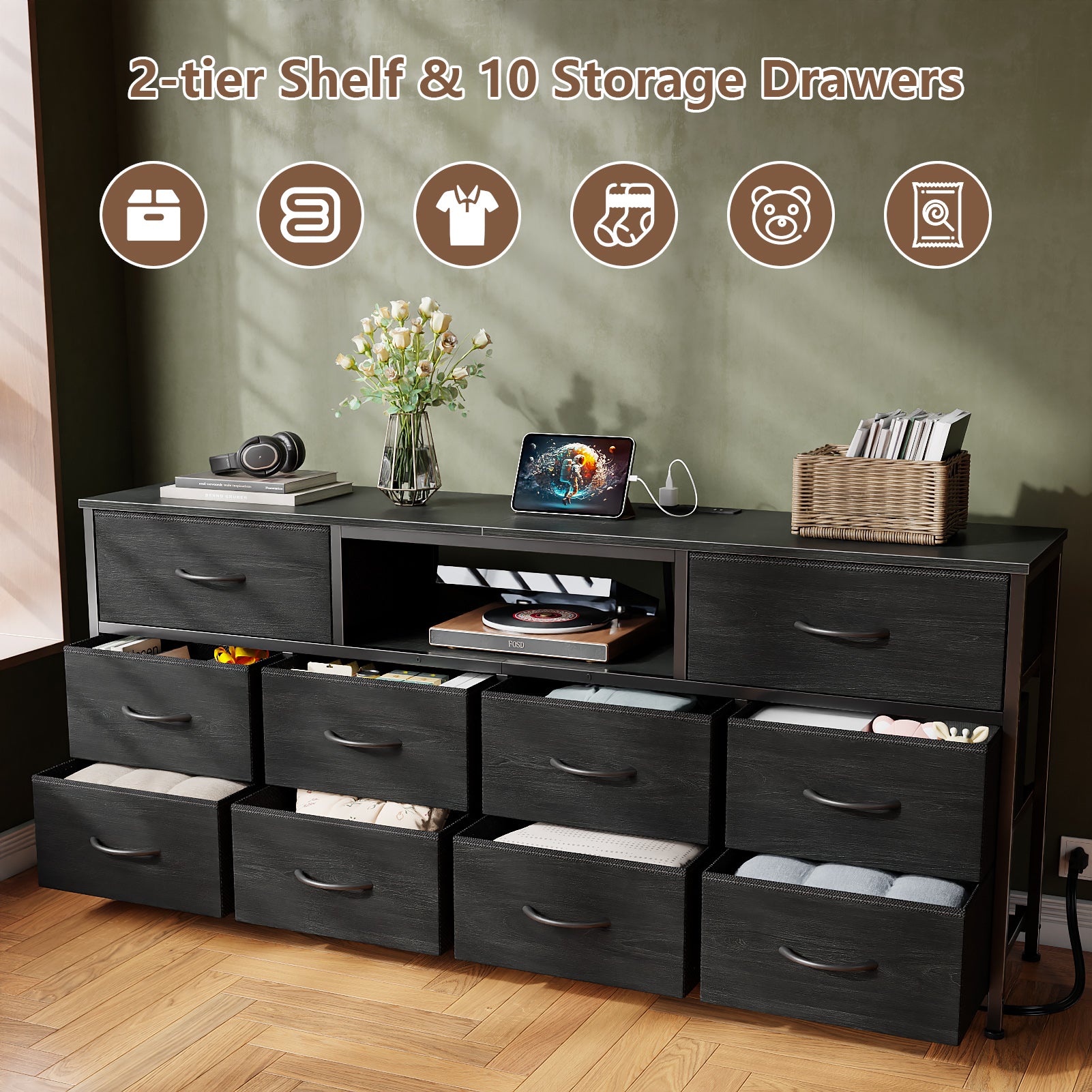 Black Chest of Drawers 10 Drawer Dresser TV Stand with LED Lights Charging Station Media Console for 75 Inch TV 63 Inch Bedroom Storage Unit Fabric
