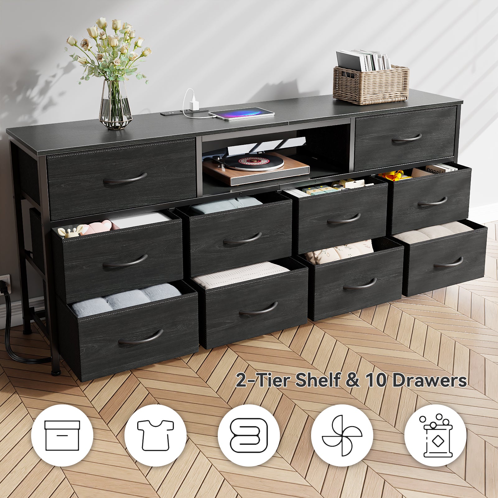 63” Long Dresser TV Stand for 65 to 75 inch TV Black Dresser with 10 Fabric Drawers Chest Closet Center with Power Outlet LED Light