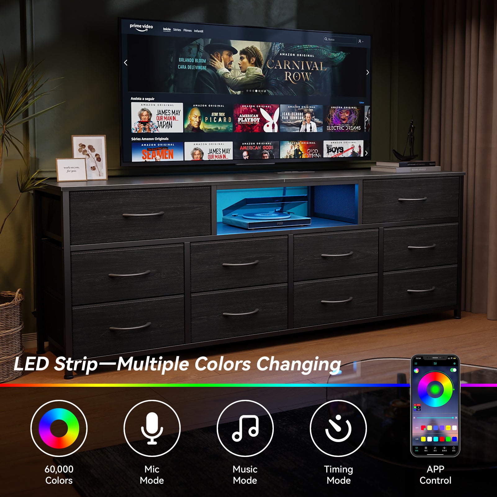 Black Chest of Drawers 10 Drawer Dresser TV Stand with LED Lights Charging Station Media Console for 75 Inch TV 63 Inch Bedroom Storage Unit Fabric