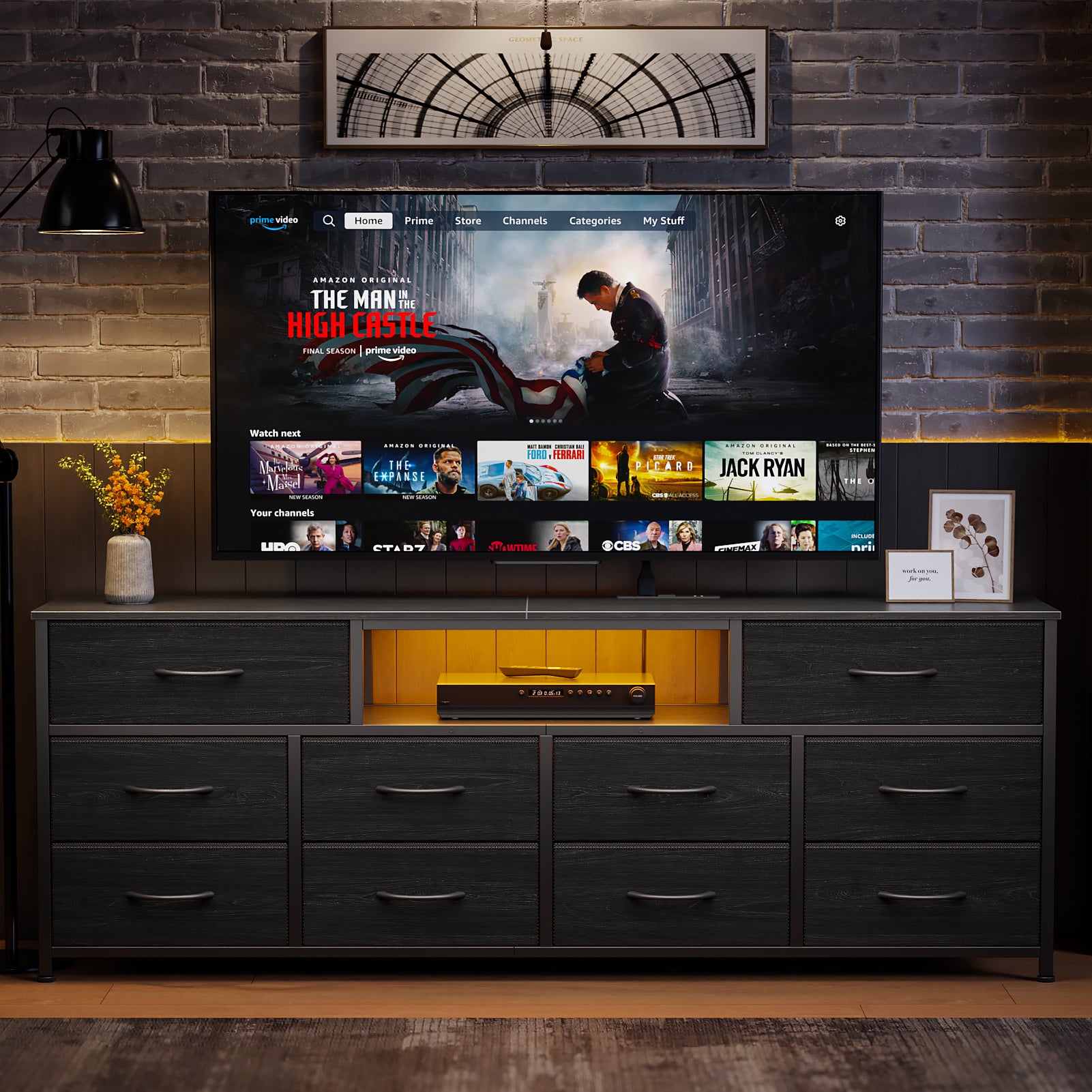 Black Chest of Drawers 10 Drawer Dresser TV Stand with LED Lights Charging Station Media Console for 75 Inch TV 63 Inch Bedroom Storage Unit Fabric