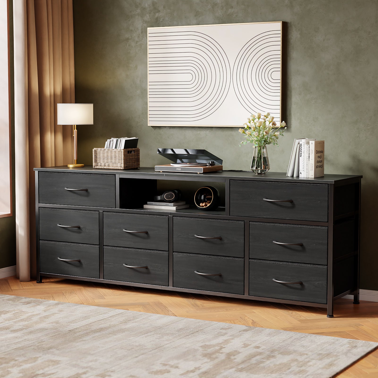 Black Chest of Drawers 10 Drawer Dresser TV Stand with LED Lights Charging Station Media Console for 75 Inch TV 63 Inch Bedroom Storage Unit Fabric