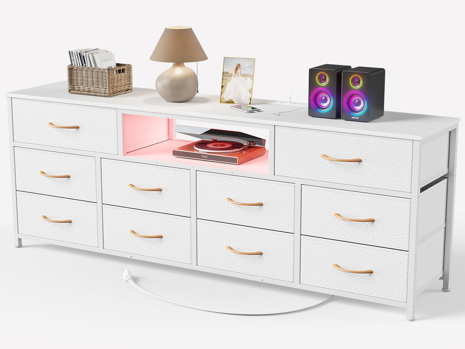 63 Inch Wide White TV Stand Dresser For 75 Inch TV 10 Drawer Fabric Storage Chest Charging Station LED Lights Media Console Bedroom Furniture Unit
