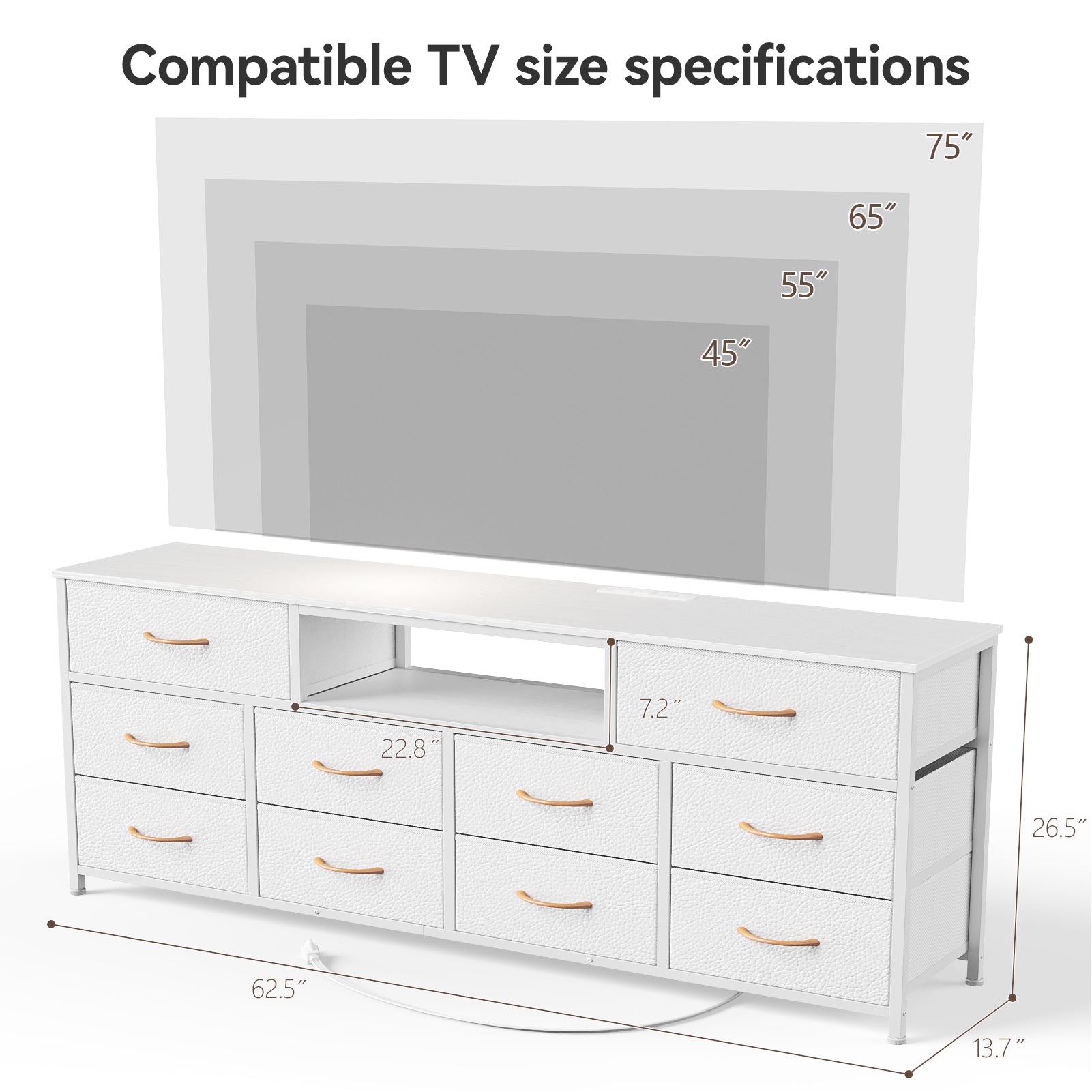 Large White 10 Drawer Dresser TV Stand For 75 Inch TV Media Console Fabric Storage Chest With Power Outlets LED Lights Bedroom Furniture Organizer