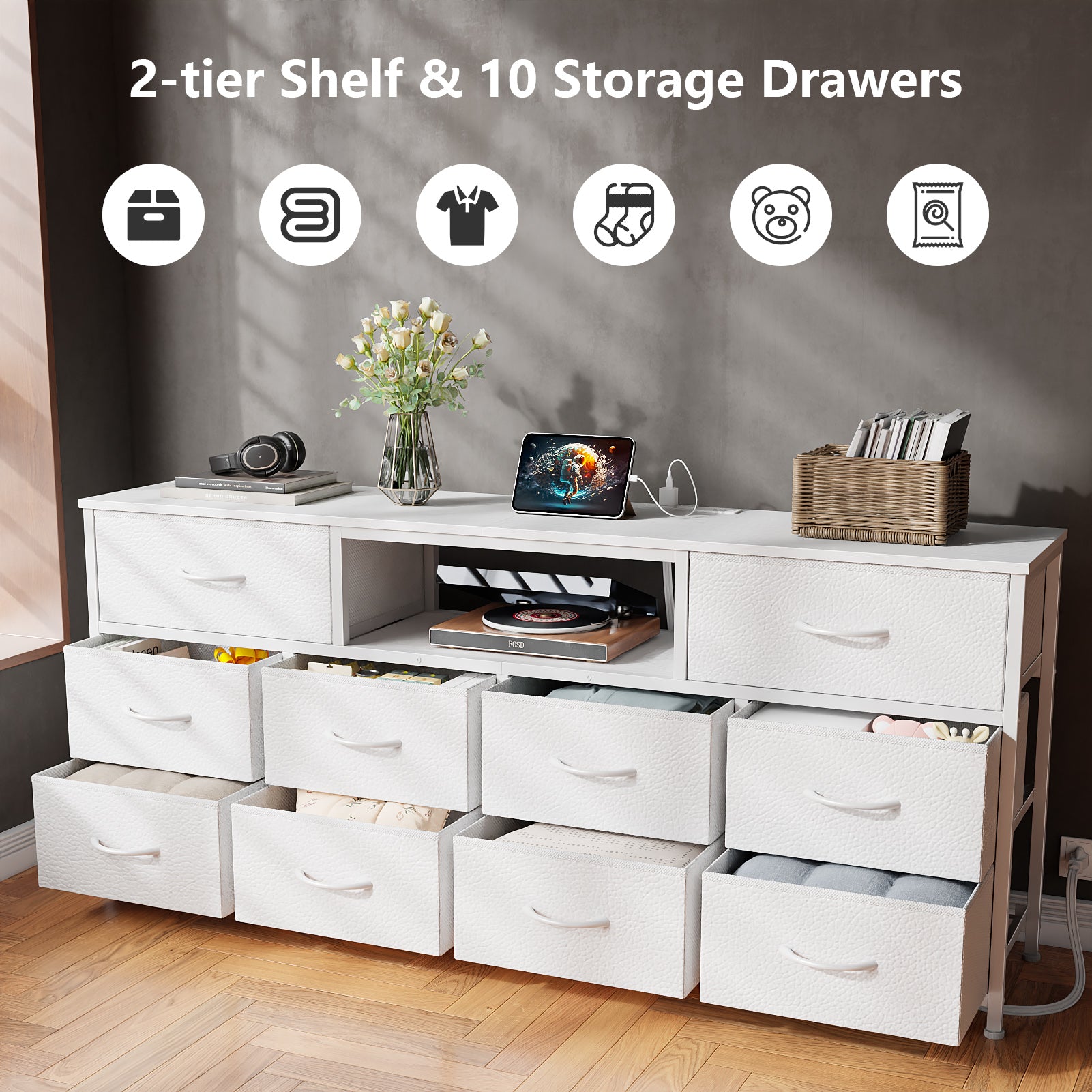 63” long bedroom dressing table suitable for 65 to 75 inch TV dressing table with 10 fabric drawers includes power outlet and LED lighting White