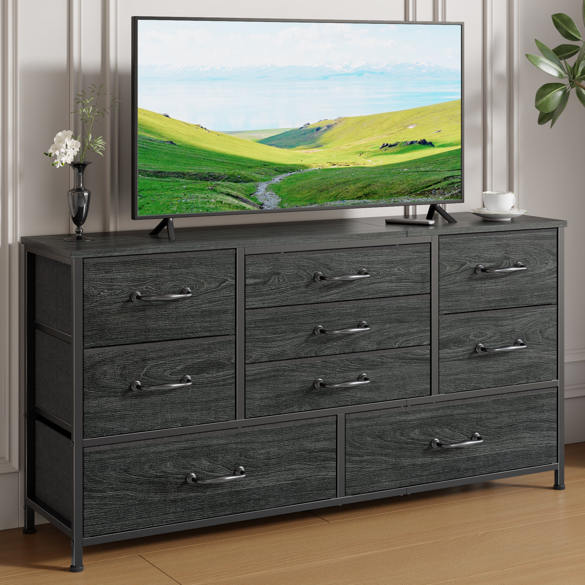 Large 45 Inch 9 Drawer Dresser Black Fabric Storage Chest of Drawers Wood Top TV Stand Media Console for Bedroom Living Room Hallway