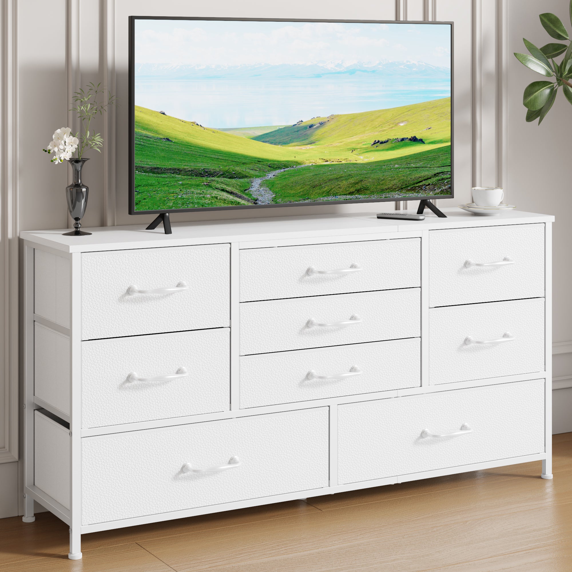 Modern White 9 Drawer Dresser Storage Chest of Drawers Wood Top Fabric Organizer Cabinet Large Bedroom Entryway 45 Inch TV Stand Console