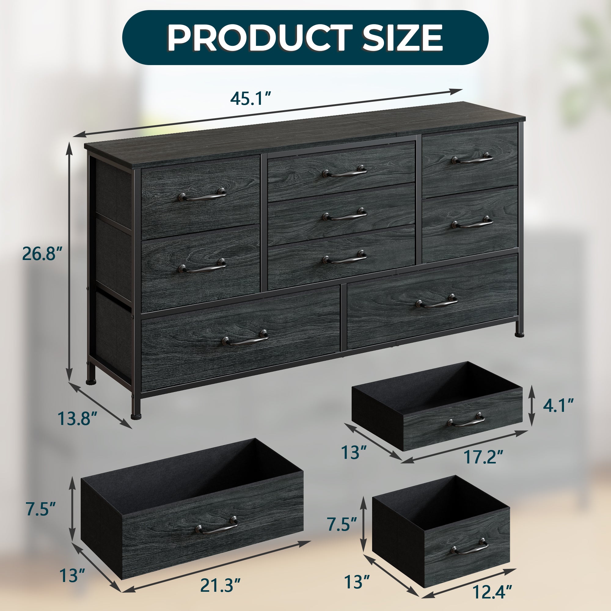 45''W Dresser for Bedroom Black Dresser TV Stand for 42-47-50 inch TV Wide Chest of Drawers with 9 Drawer Large Fabric Dressers with Wood Top