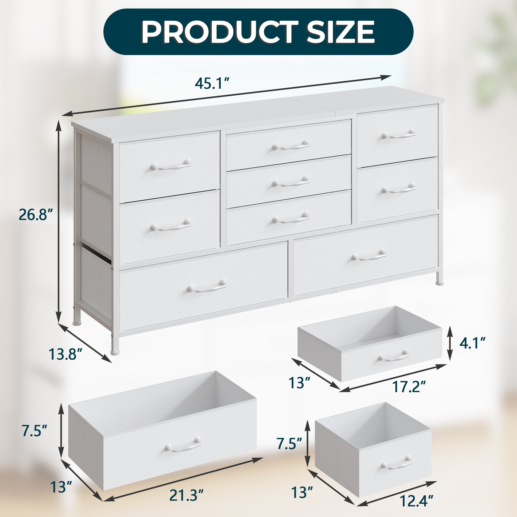 White 9 Drawer Dresser Fabric Storage Chest Wood Top 45 Inch TV Stand for 50 Inch TV Media Console Bedroom Living Room Organizer Unit