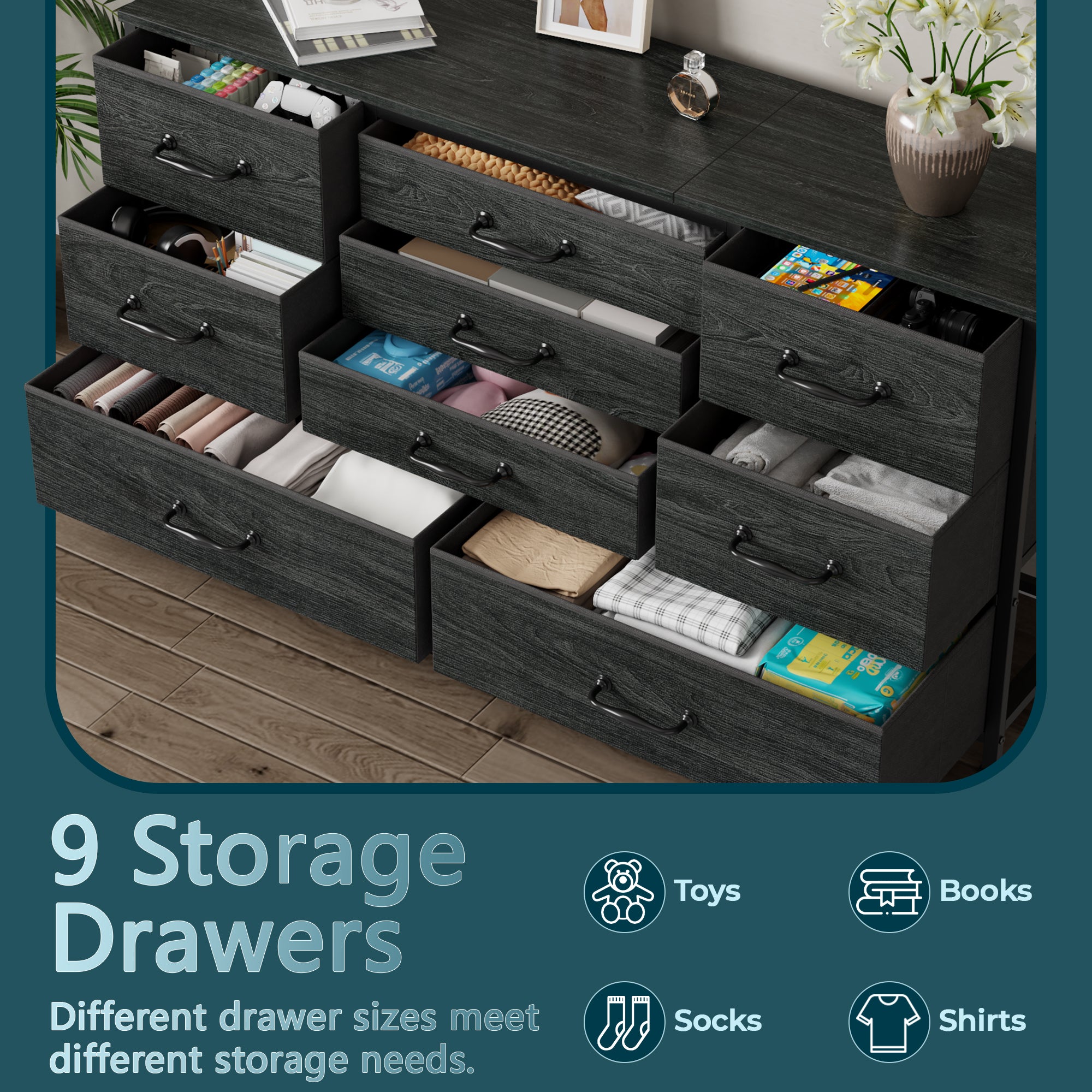 Large 45 Inch 9 Drawer Dresser Black Fabric Storage Chest of Drawers Wood Top TV Stand Media Console for Bedroom Living Room Hallway