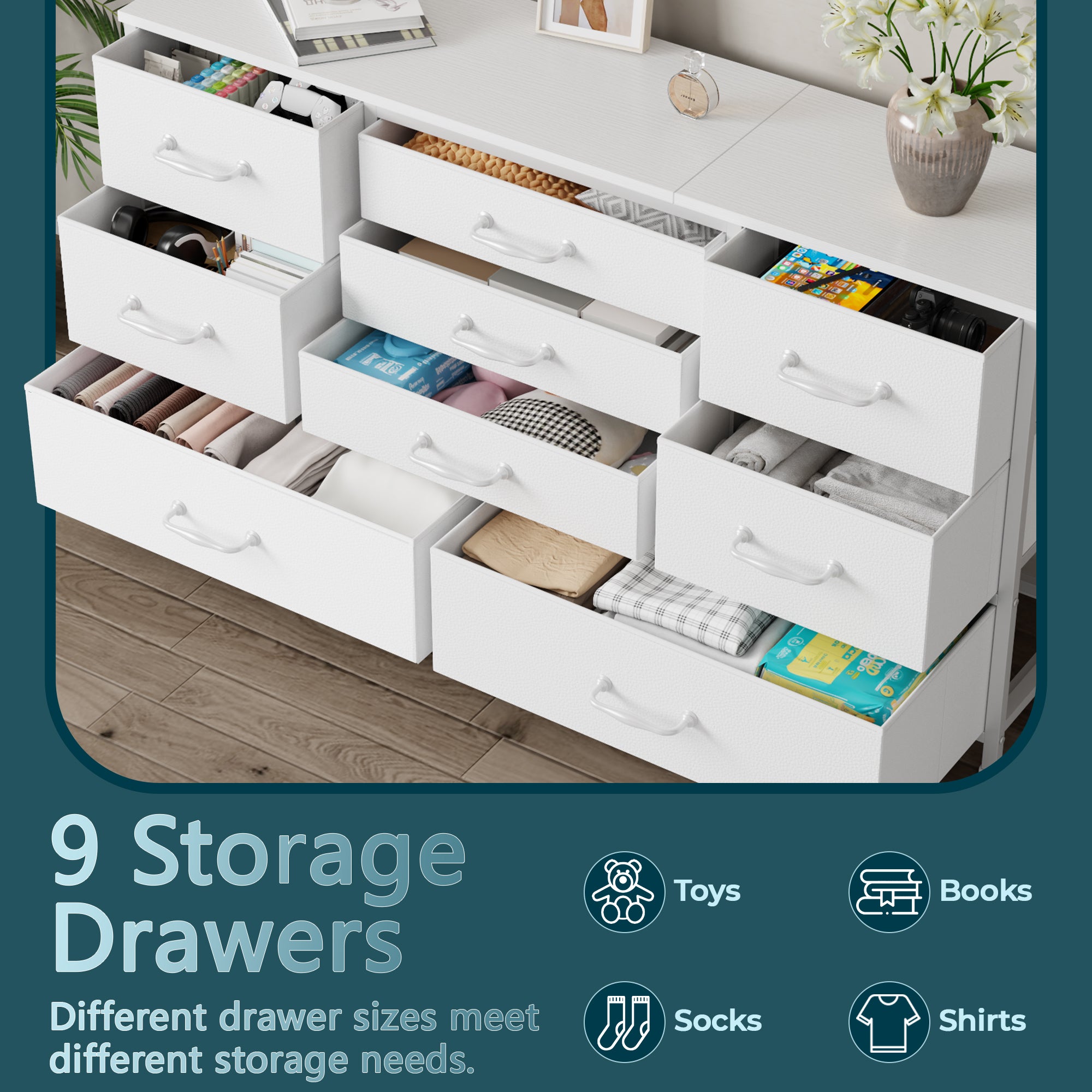 45''W Dresser for Bedroom White Dresser TV Stand for 42-47-50 inch TV Wide Chest of Drawers with 9 Drawer Large Fabric Dressers with Wood Top