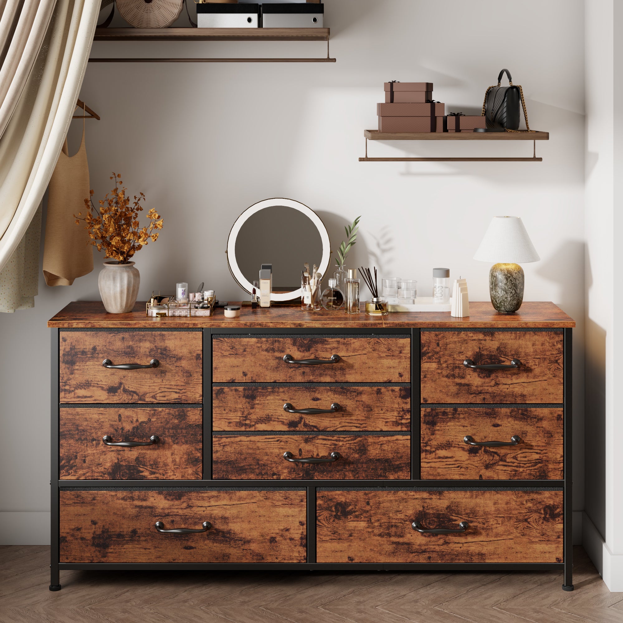 45''W Dresser for Bedroom Rustic Brown Dresser TV Stand for 42-47-50 inch TV Wide Chest of Drawers with 9 Drawer Large Fabric Dressers with Wood Top