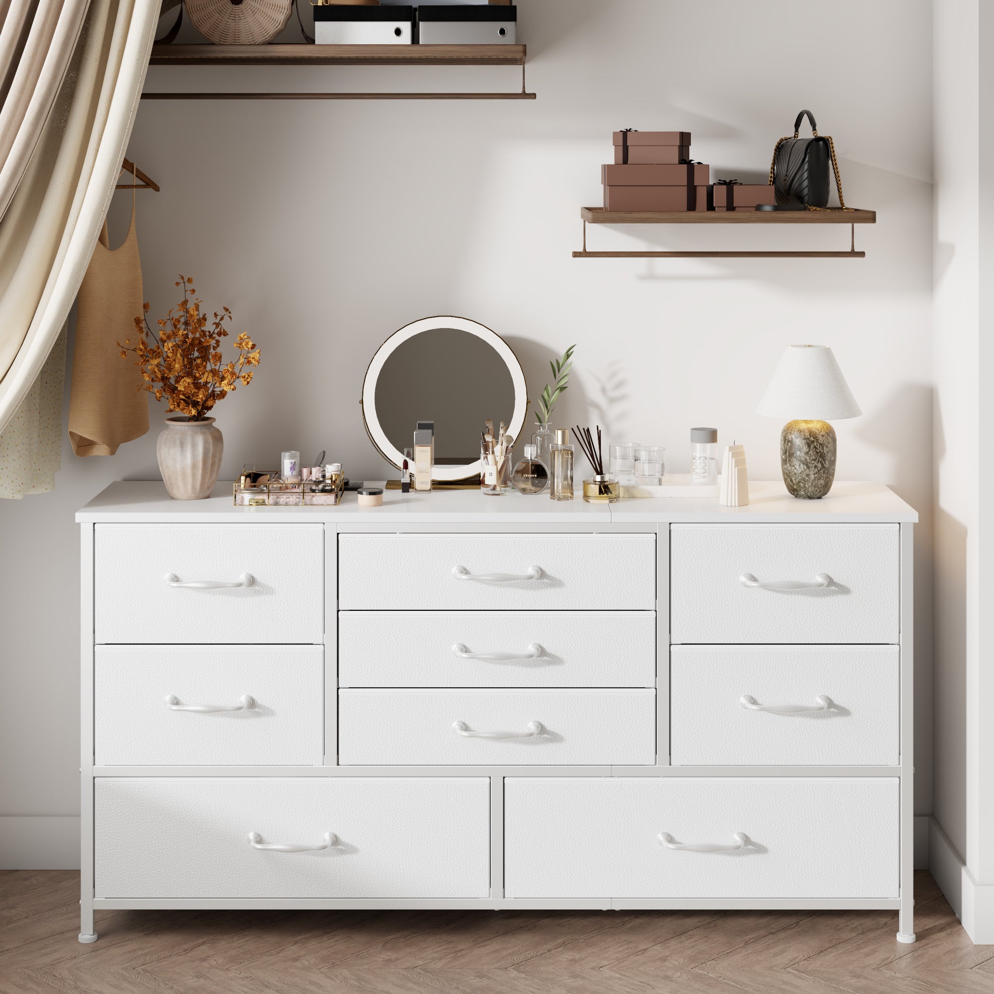 45''W Dresser for Bedroom White Dresser TV Stand for 42-47-50 inch TV Wide Chest of Drawers with 9 Drawer Large Fabric Dressers with Wood Top