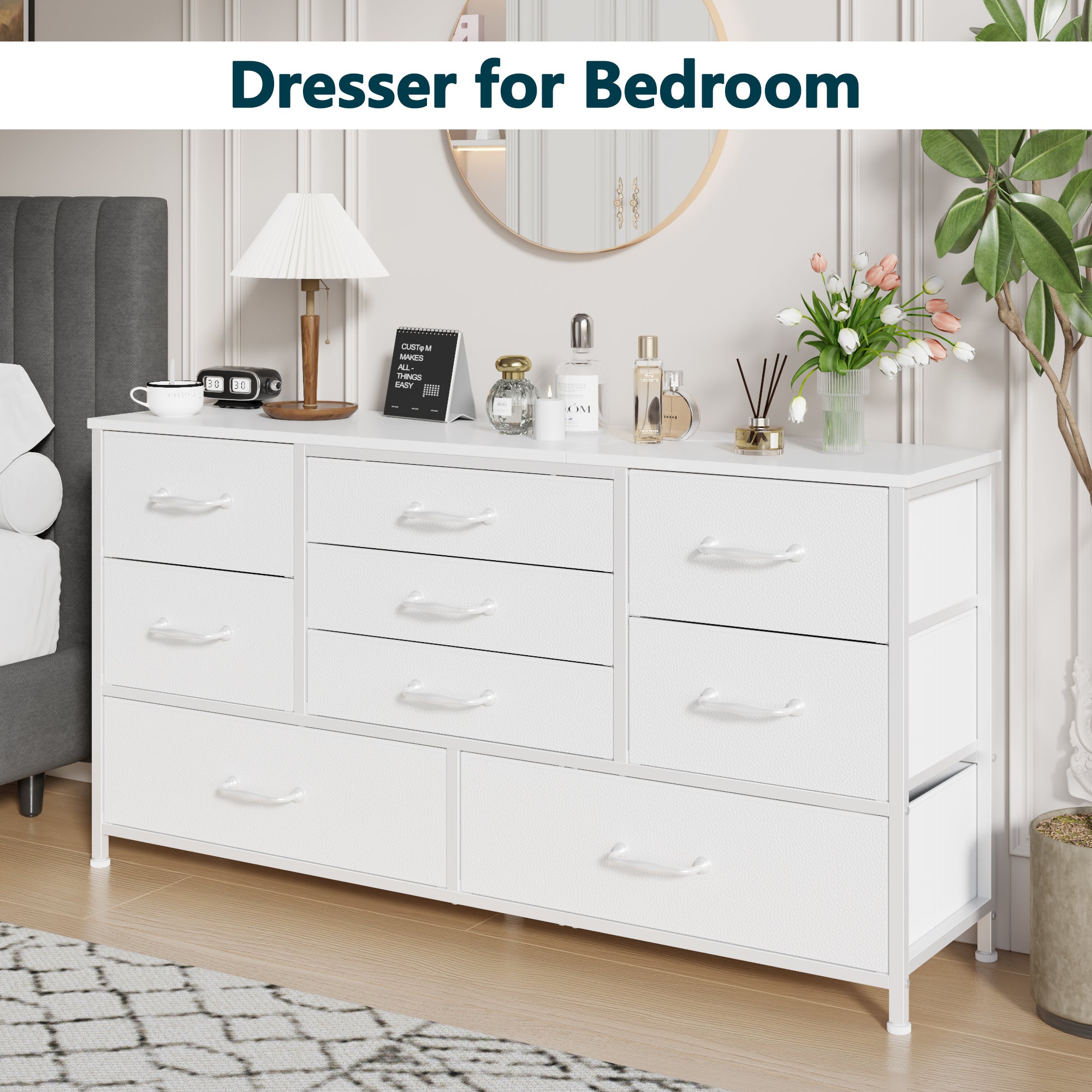 White 9 Drawer Dresser Fabric Storage Chest Wood Top 45 Inch TV Stand for 50 Inch TV Media Console Bedroom Living Room Organizer Unit