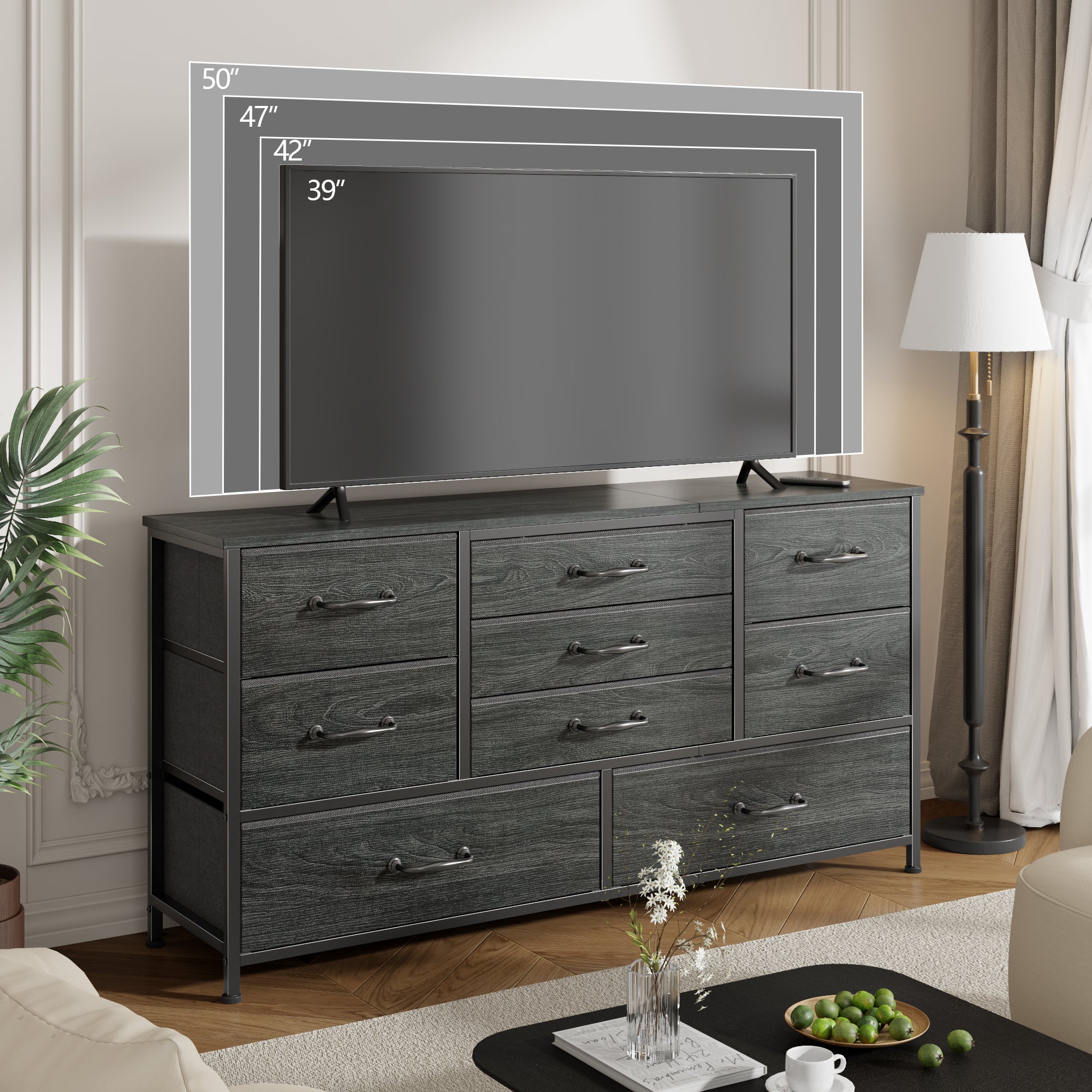 Large 45 Inch 9 Drawer Dresser Black Fabric Storage Chest of Drawers Wood Top TV Stand Media Console for Bedroom Living Room Hallway