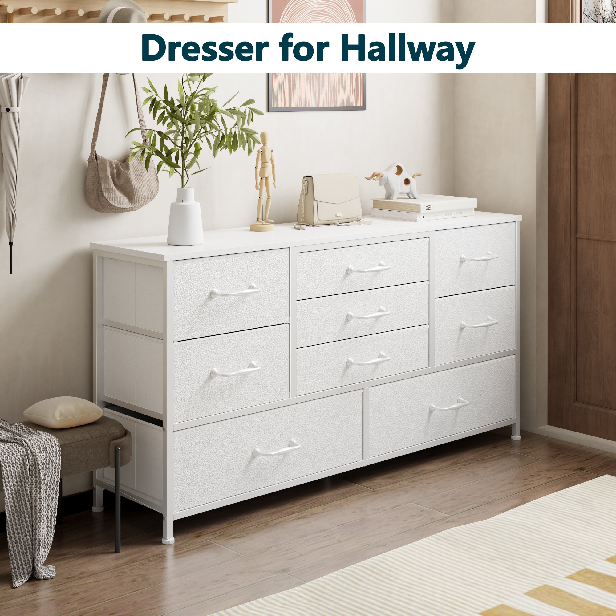 Modern White 9 Drawer Dresser Storage Chest of Drawers Wood Top Fabric Organizer Cabinet Large Bedroom Entryway 45 Inch TV Stand Console