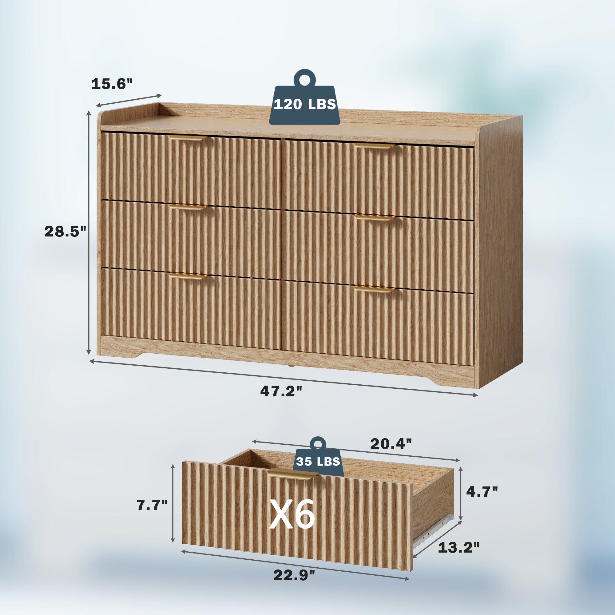 Furnulem Dressers for Bedroom 6 Drawers Wide Chest of Drawers Storage Organizer Wooden Cabinet with Anti-Tip Safety for Living Room Hallway entryway