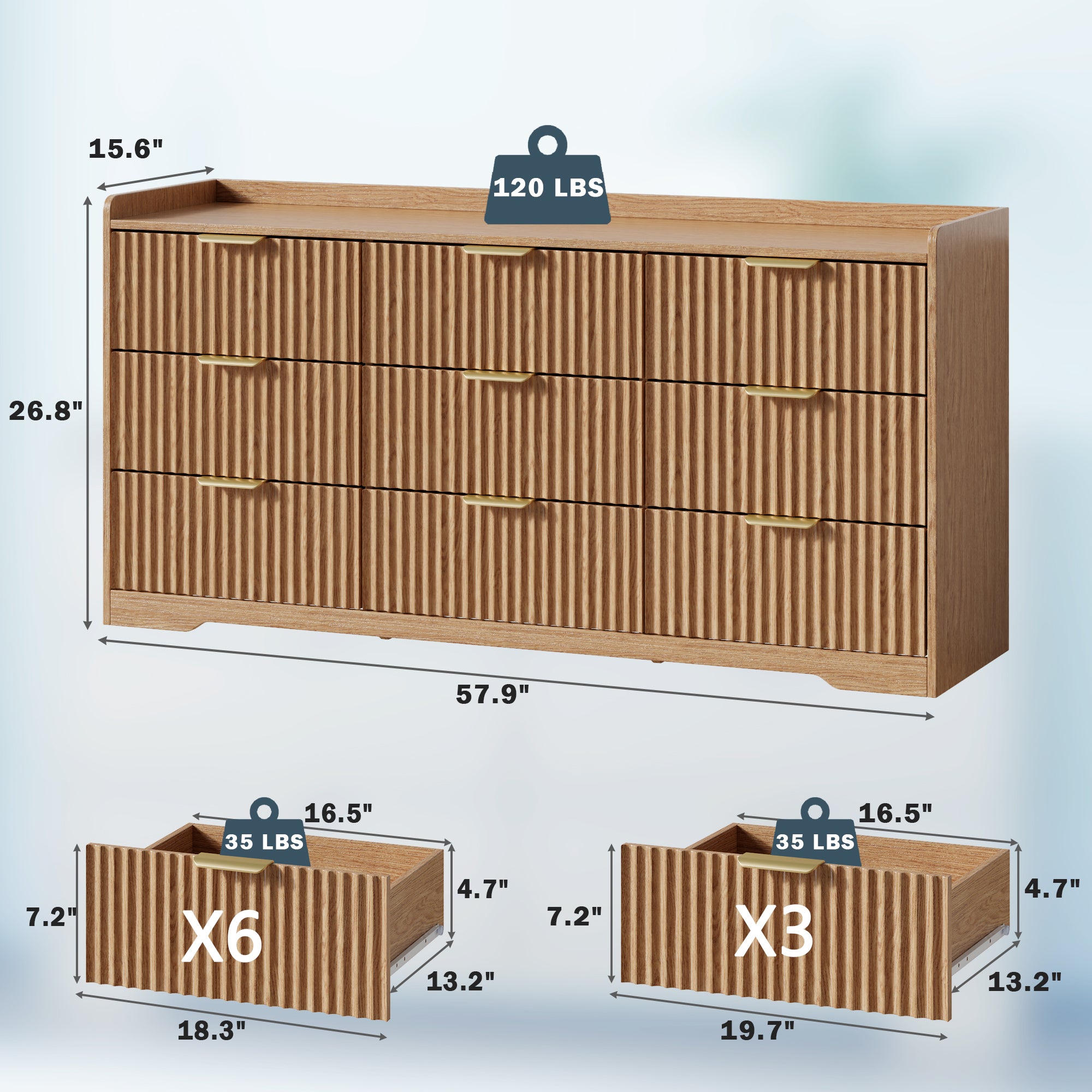 Modern 9 Drawer Dresser Wide Wood Storage Chest of Drawers Bedroom Furniture Nursery Large Clothing Organizer Cabinet Anti Tip Safety