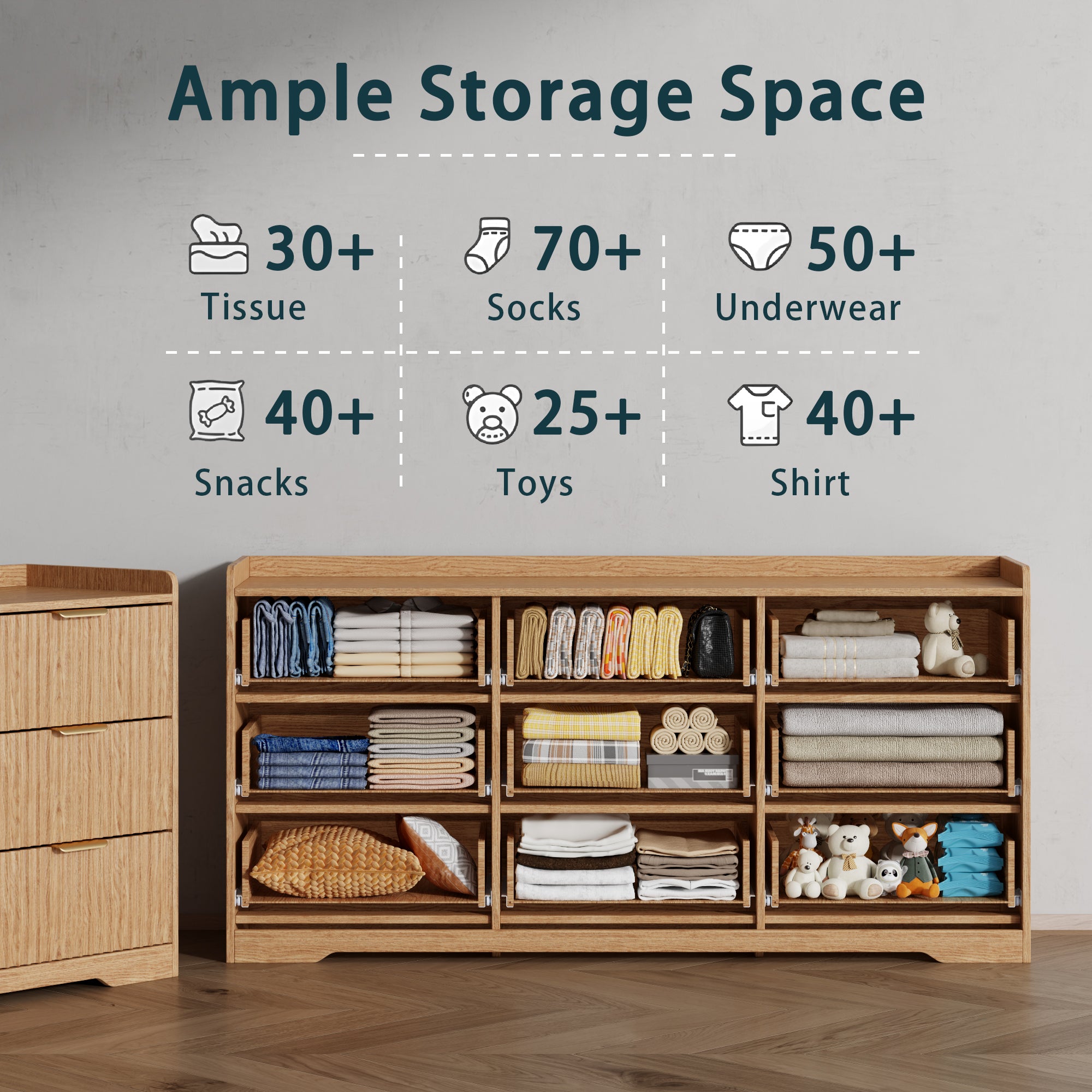 Modern 9 Drawer Dresser Wide Wood Storage Chest of Drawers Bedroom Furniture Nursery Large Clothing Organizer Cabinet Anti Tip Safety