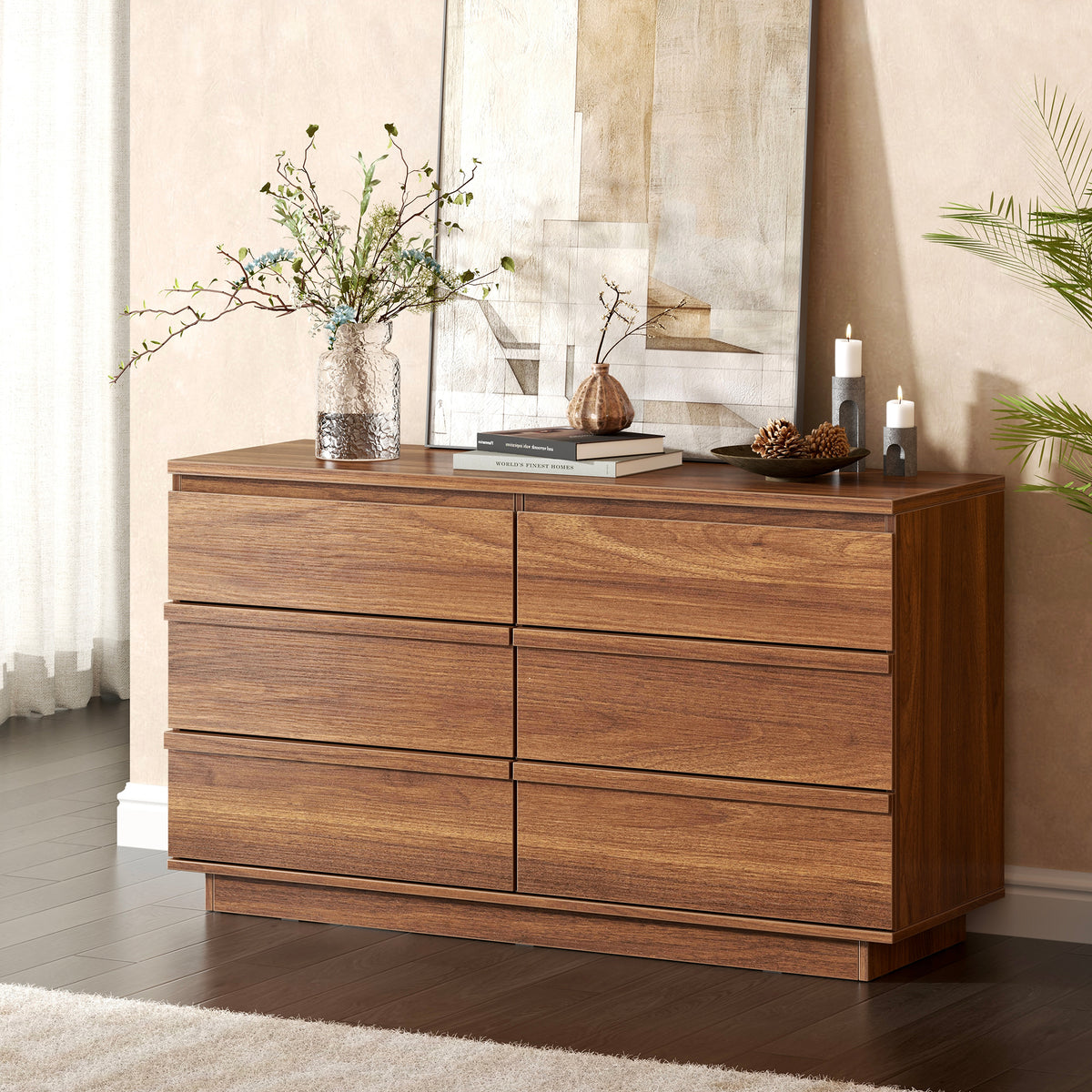 Qwatto 6 Drawer Dresser Mid Century Modern Wood Chest of Drawers Geometric Relief Storage Organizer for Bedroom Entryway Cherry Finish Anti-Tipping