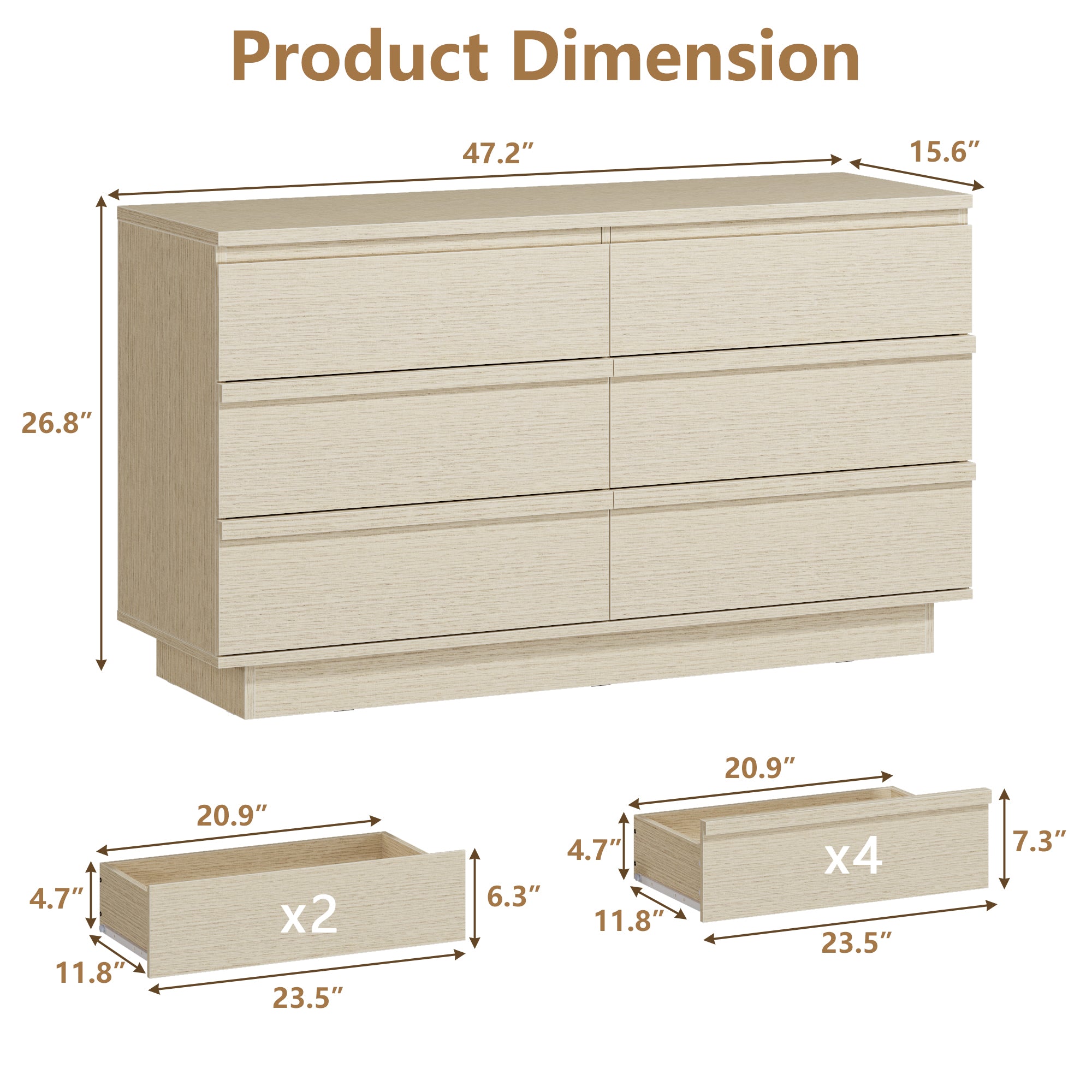 Qwatto 6 Drawer Double Dresser Modern Chest of Drawers Wide Bedroom Storage Organizer Cabinet with Deep Drawers for Living Room Closet Natural Beech
