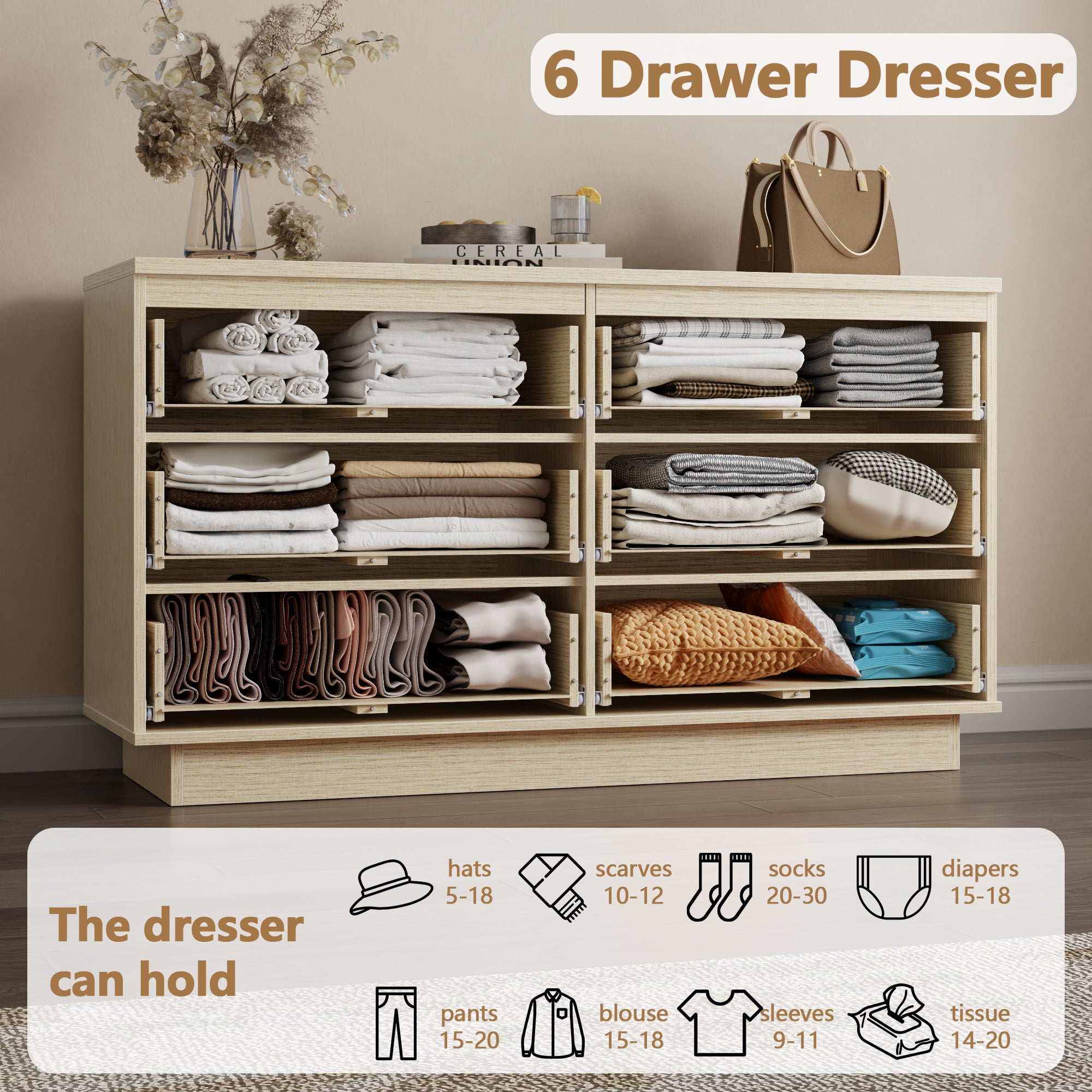 Qwatto 6 Drawer Double Dresser Modern Chest of Drawers Wide Bedroom Storage Organizer Cabinet with Deep Drawers for Living Room Closet Natural Beech