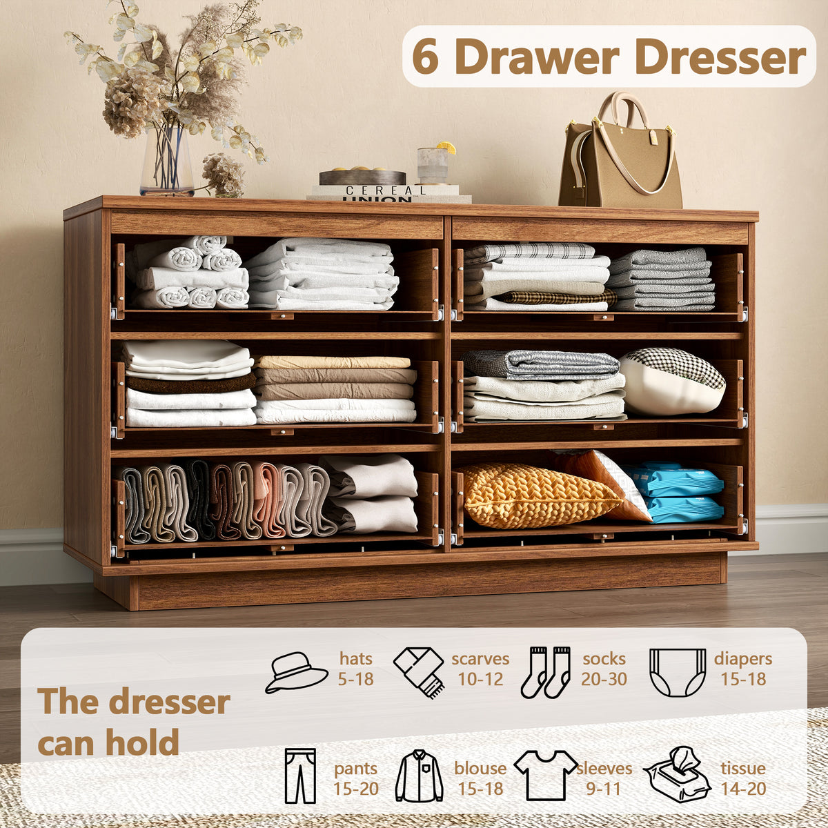 Qwatto 6 Drawer Dresser Mid Century Modern Wood Chest of Drawers Geometric Relief Storage Organizer for Bedroom Entryway Cherry Finish Anti-Tipping