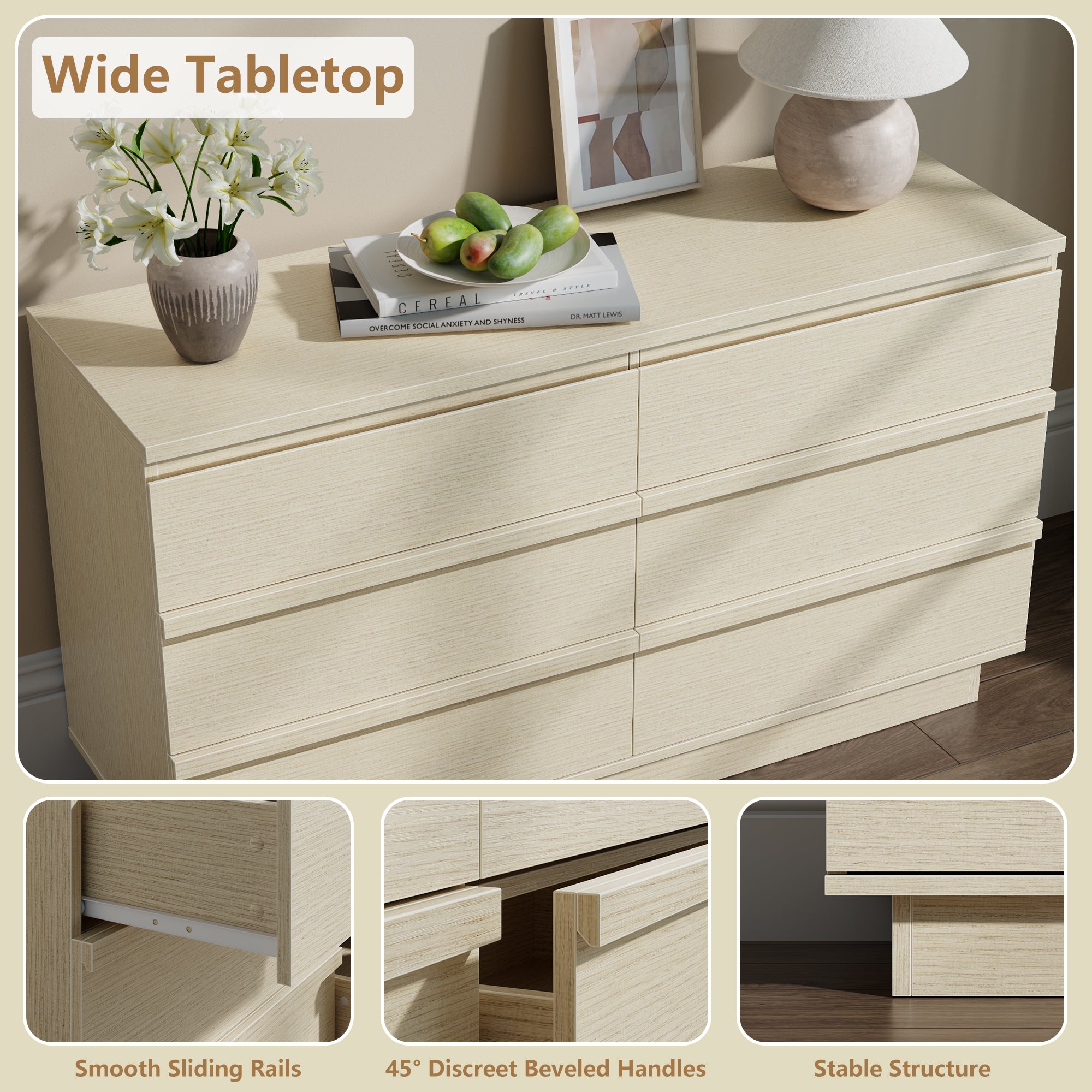 Qwatto 6 Drawer Double Dresser Modern Chest of Drawers Wide Bedroom Storage Organizer Cabinet with Deep Drawers for Living Room Closet Natural Beech