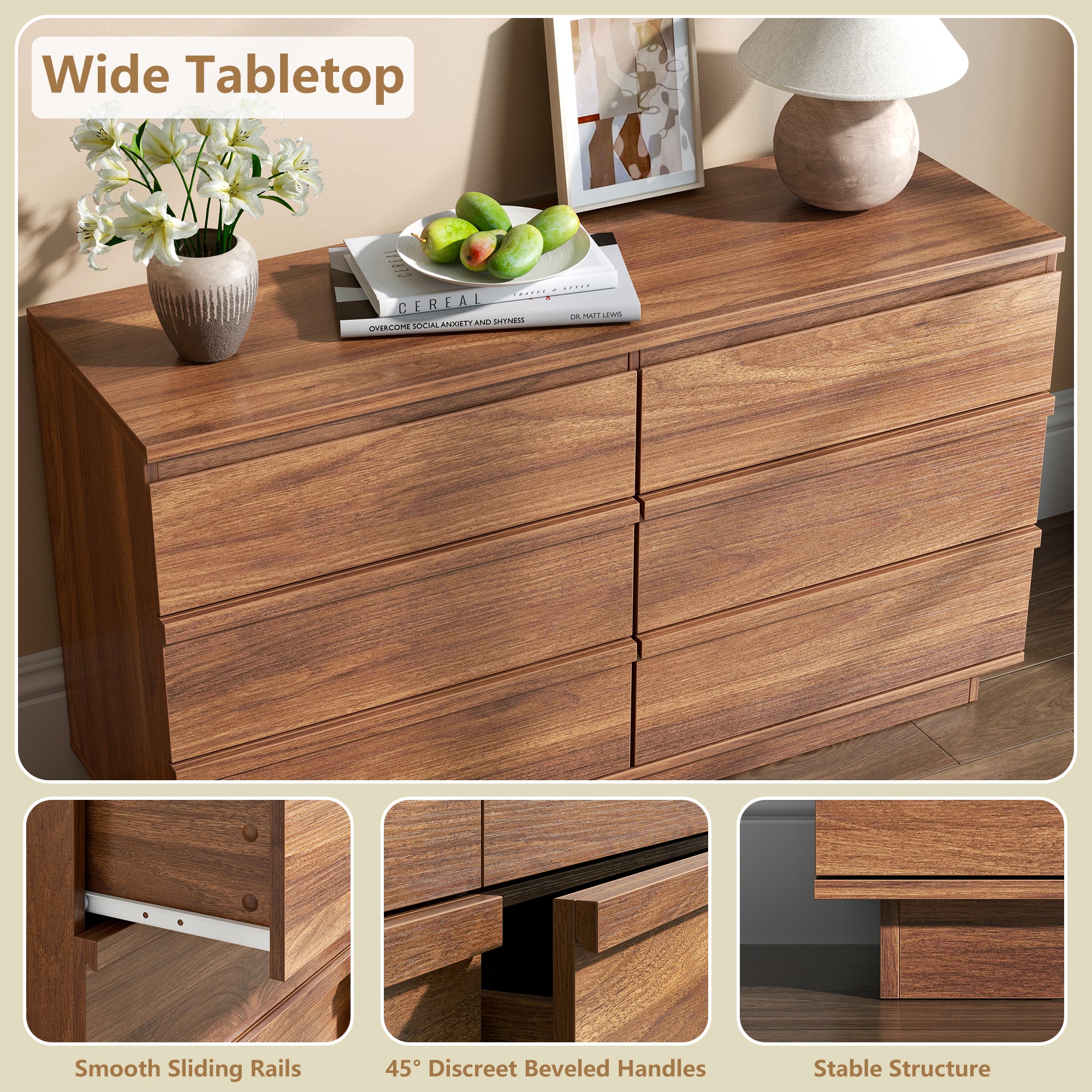 Qwatto 47 Inch Modern 6 Drawer Dresser Wide Wood Chest of Drawers Bedroom Storage Cabinet Organizer with Deep Drawers Living Room Hallway Furniture