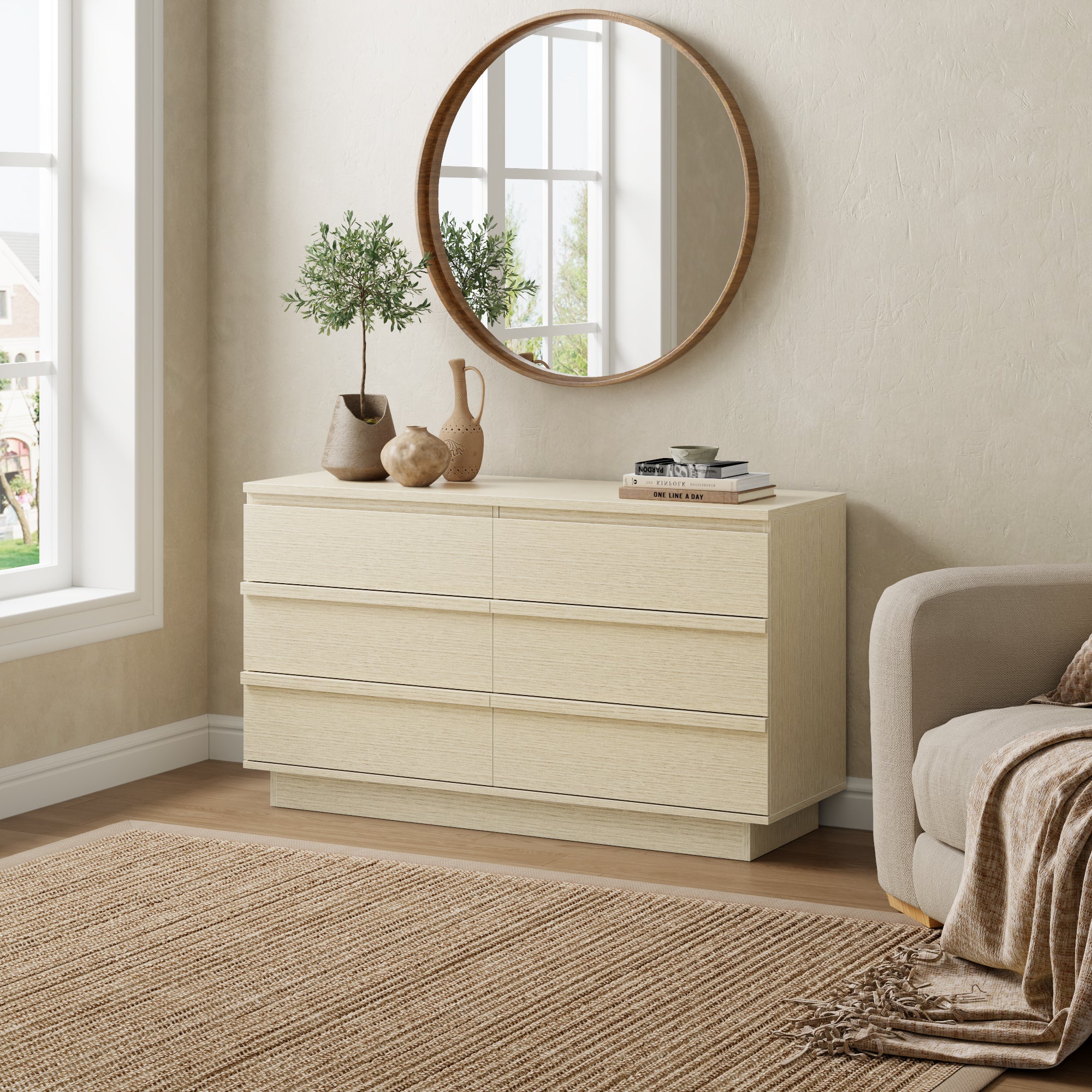 Qwatto 6 Drawer Double Dresser Modern Chest of Drawers Wide Bedroom Storage Organizer Cabinet with Deep Drawers for Living Room Closet Natural Beech