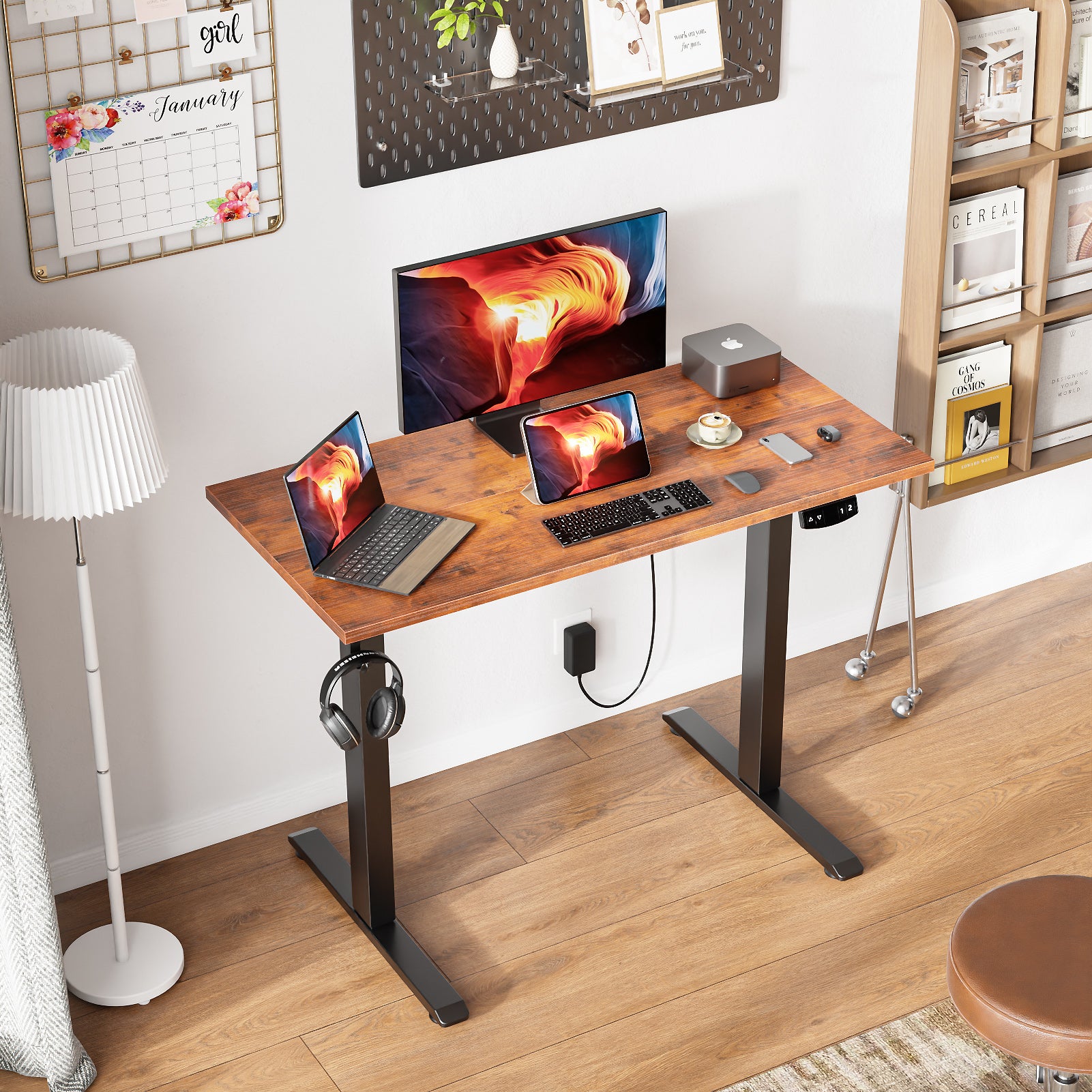 40 Inch Electric Standing Desk Adjustable Height Sit to Stand PC Desktop Workstation with Storage Bag Memory Presets Home Office Gaming Rustic Brown