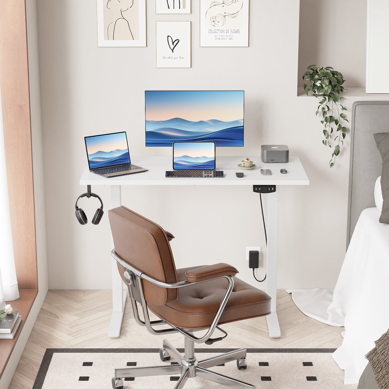 40 inch Electric Standing Desk Height Adjustable Sit to Stand Motorized Small Computer Desk for Home Office Gaming with Memory Presets Storage Bag White