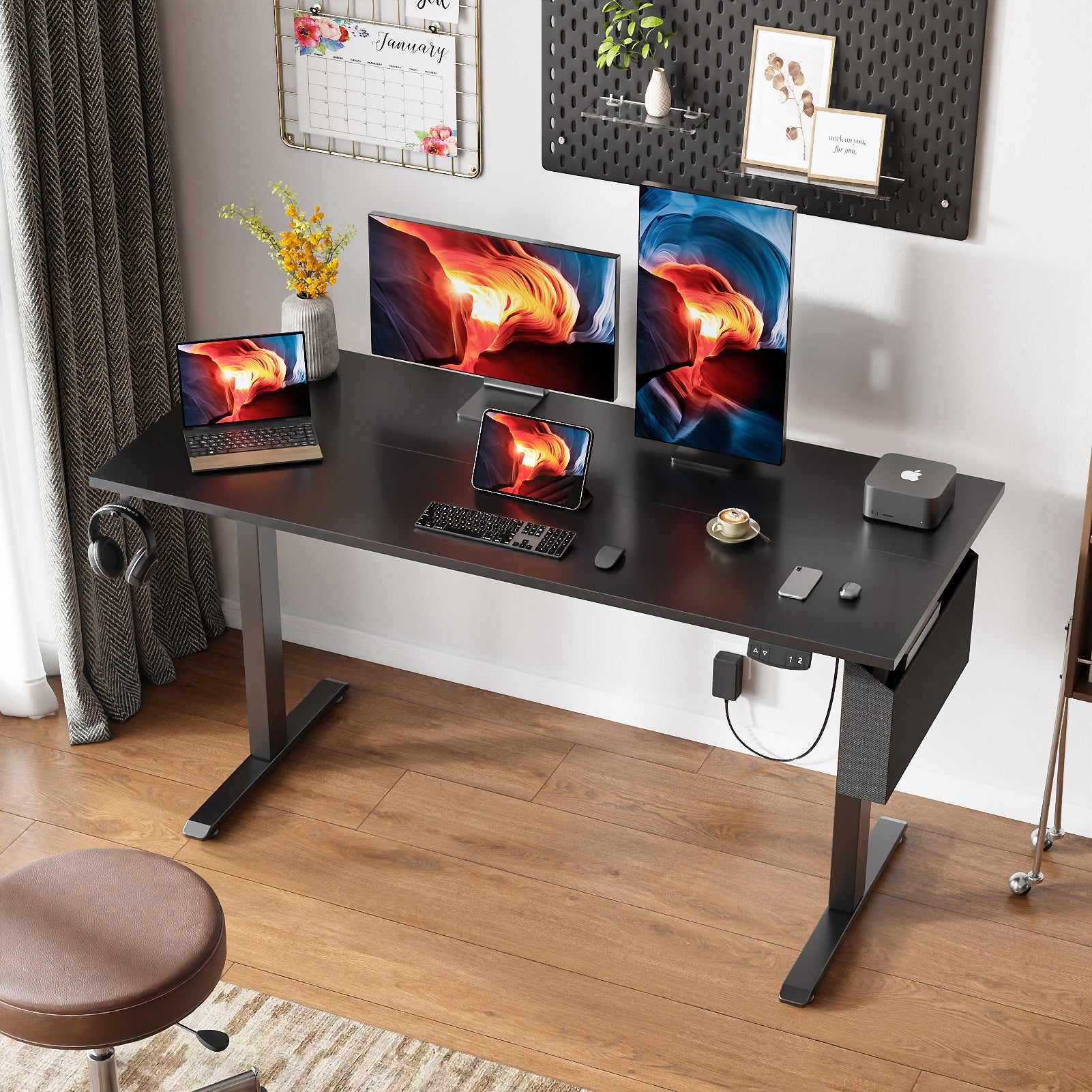 Sit to Stand Electric Standing Desk 55 Inch Black Height Adjustable Computer Table Memory Presets Storage Bag Ergonomic Home Office PC Gaming Desk