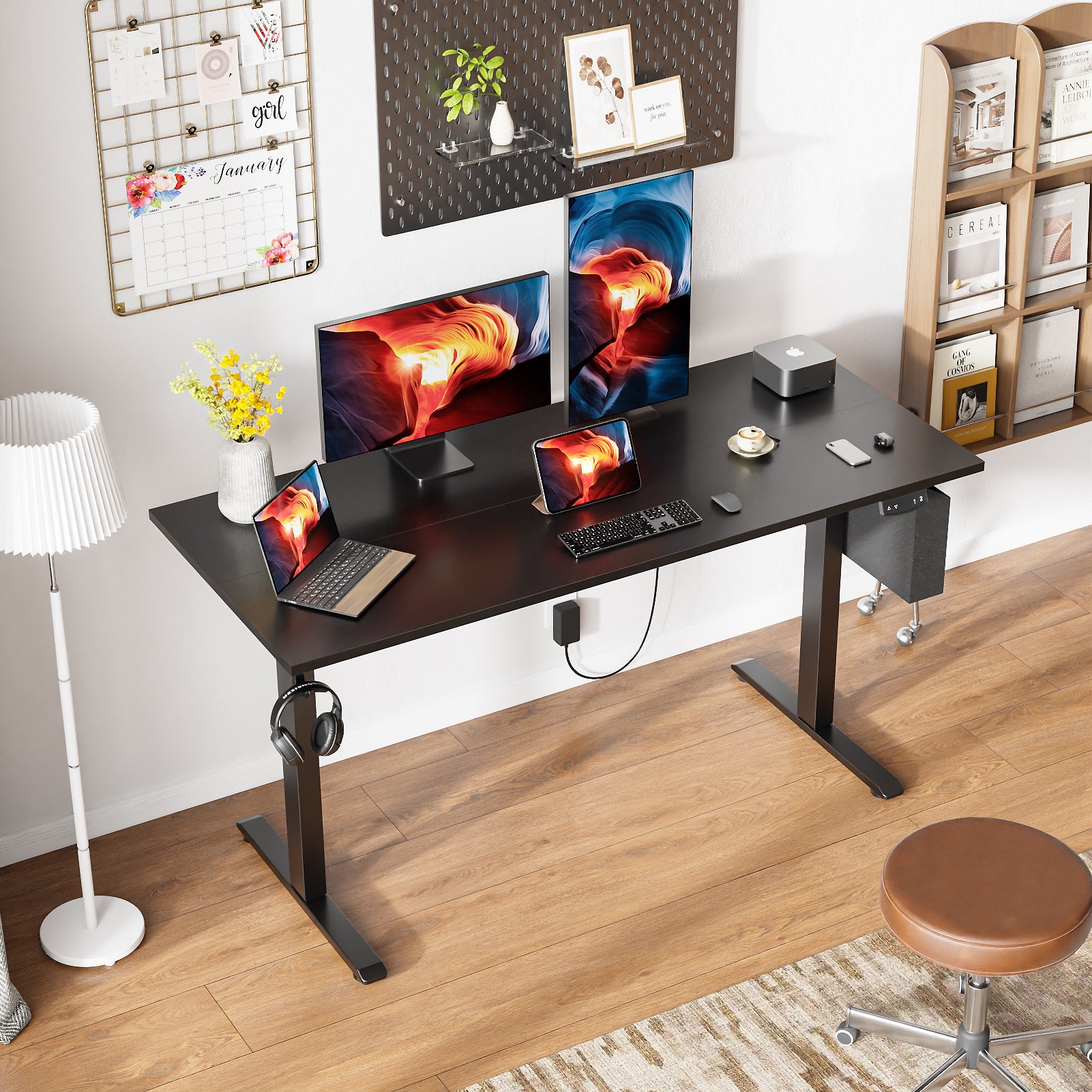 Sit to Stand Electric Standing Desk 55 Inch Black Height Adjustable Computer Table Memory Presets Storage Bag Ergonomic Home Office PC Gaming Desk